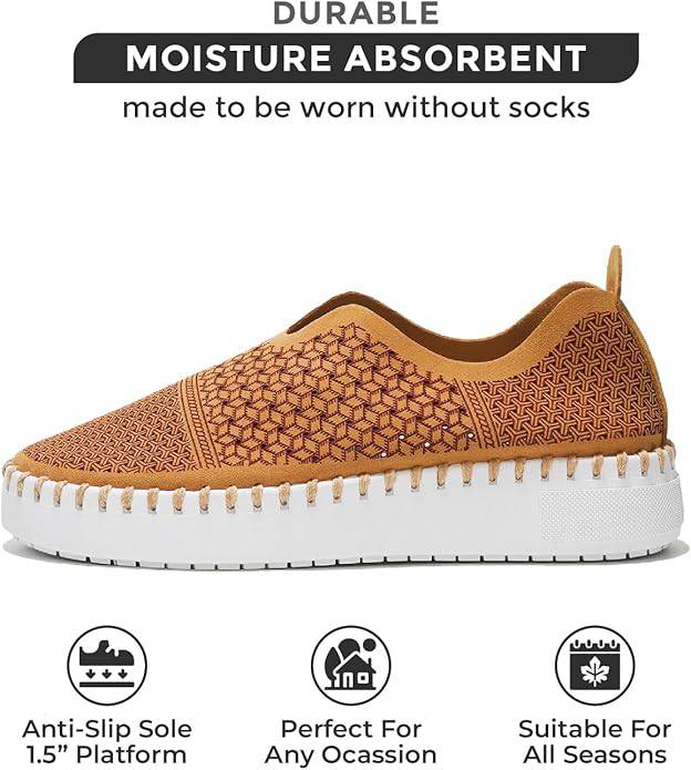 Tan Aster slip-on sneakers for women, moisture absorbent, durable, sockless wear, platform, all seasons