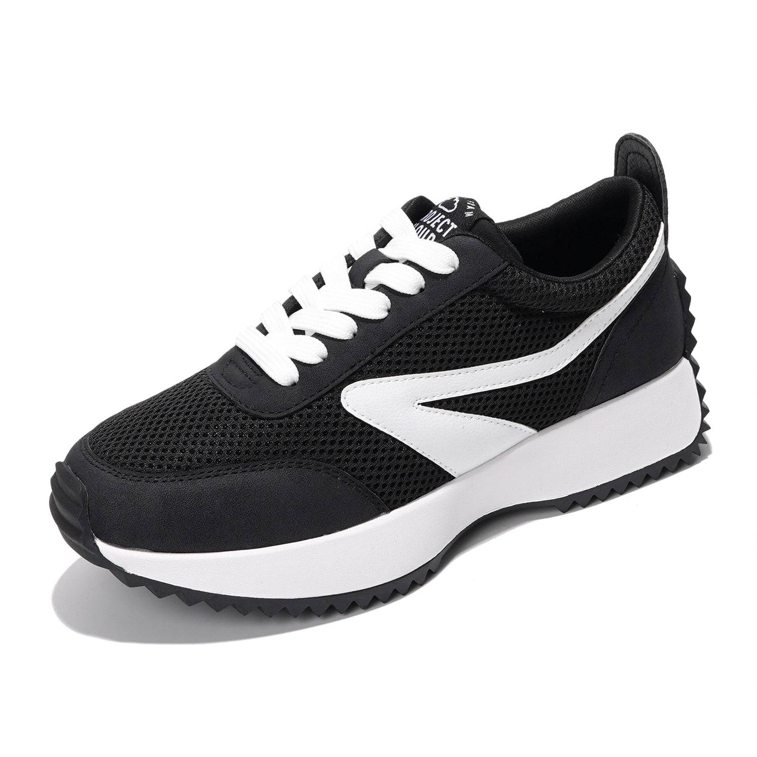 Balinda women's black sneakers with white accents, Project Cloud logo, lace-up closure, memory foam, and non-slip sole.