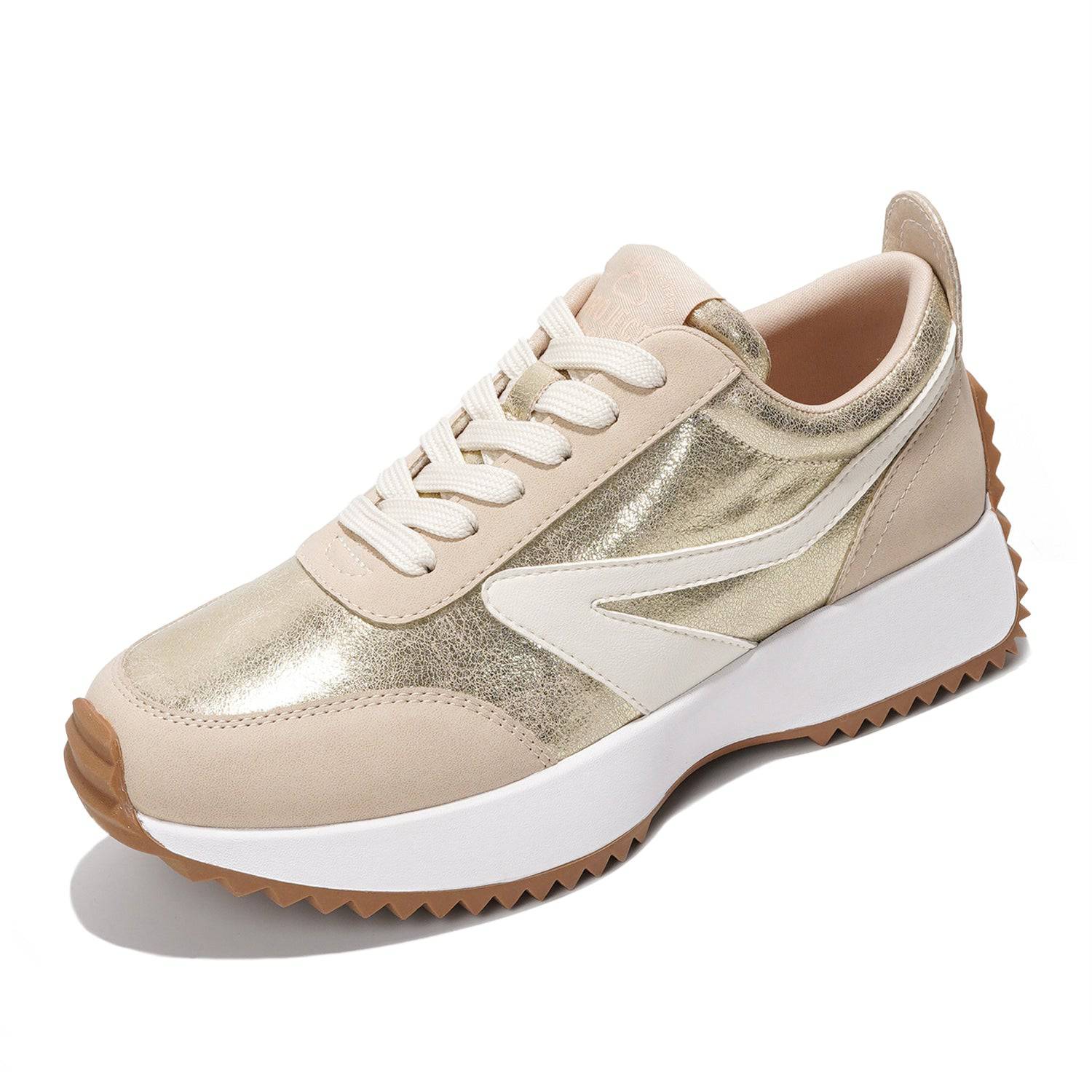 Balinda women's gold and beige sneakers, lace-up, memory foam, non-slip sole.