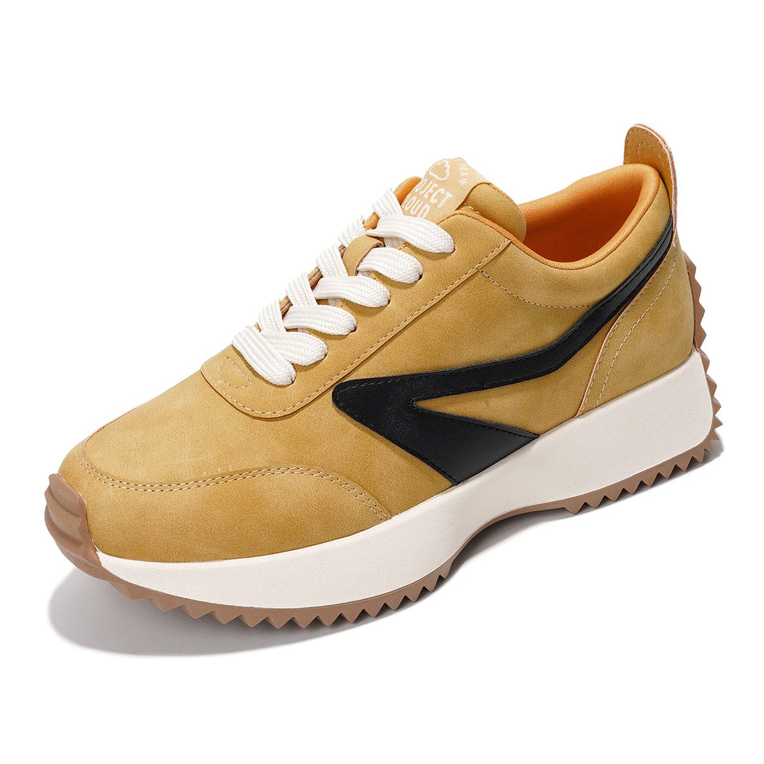 Balinda Women's Mustard Yellow Sneakers with Project Cloud logo, Memory Foam, Lace-up closure, and non-slip sole