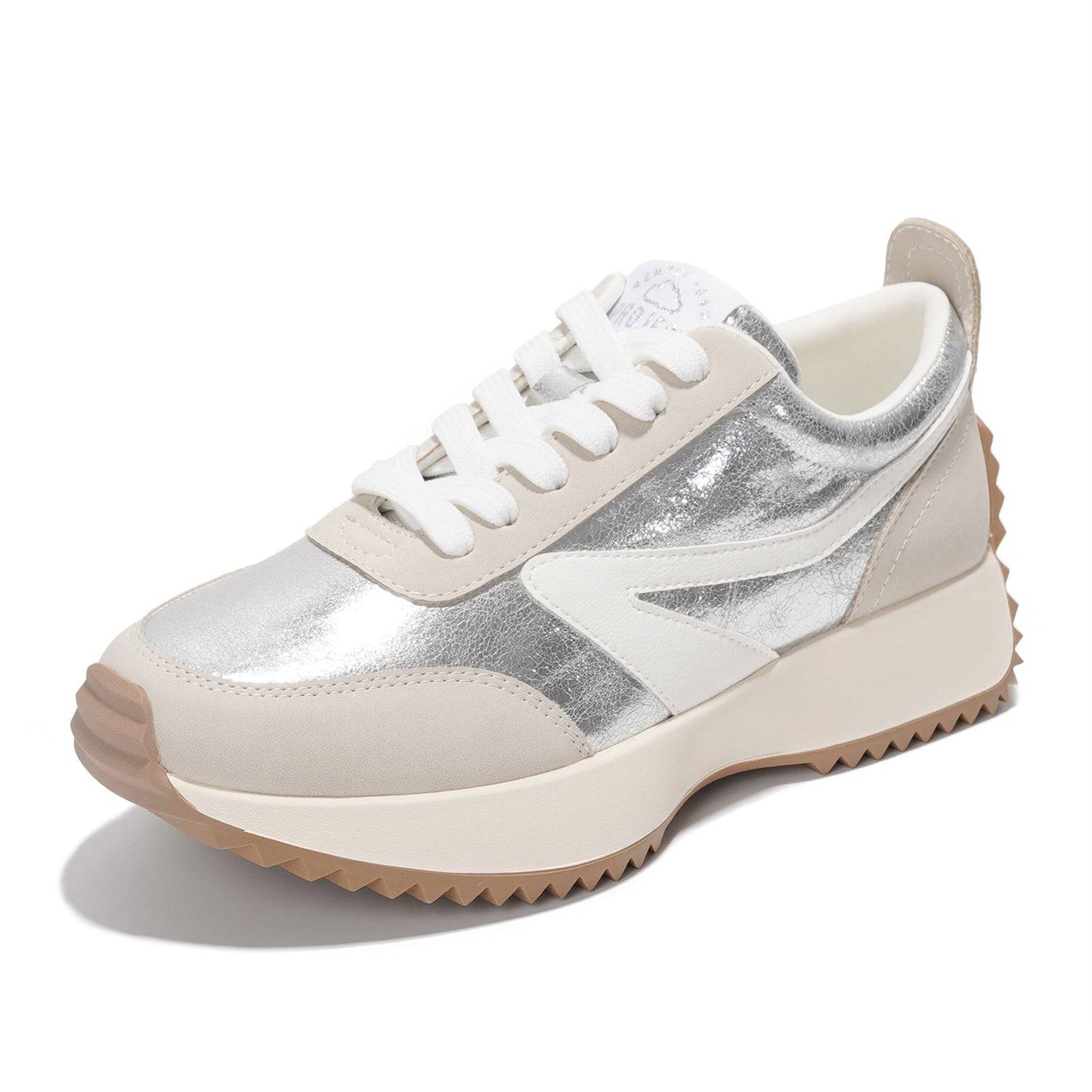 Balinda women's silver sneakers with Project Cloud logo, featuring memory foam, lace-up closure, and non-slip sole