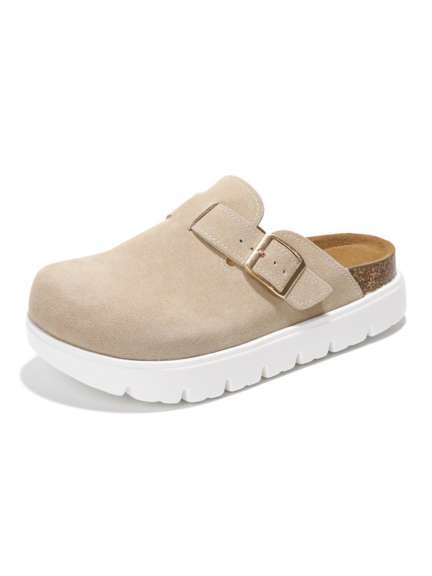 Tan suede Benton Chunky Clogs with buckle detail, cork footbed and white platform sole. Casual women's footwear.