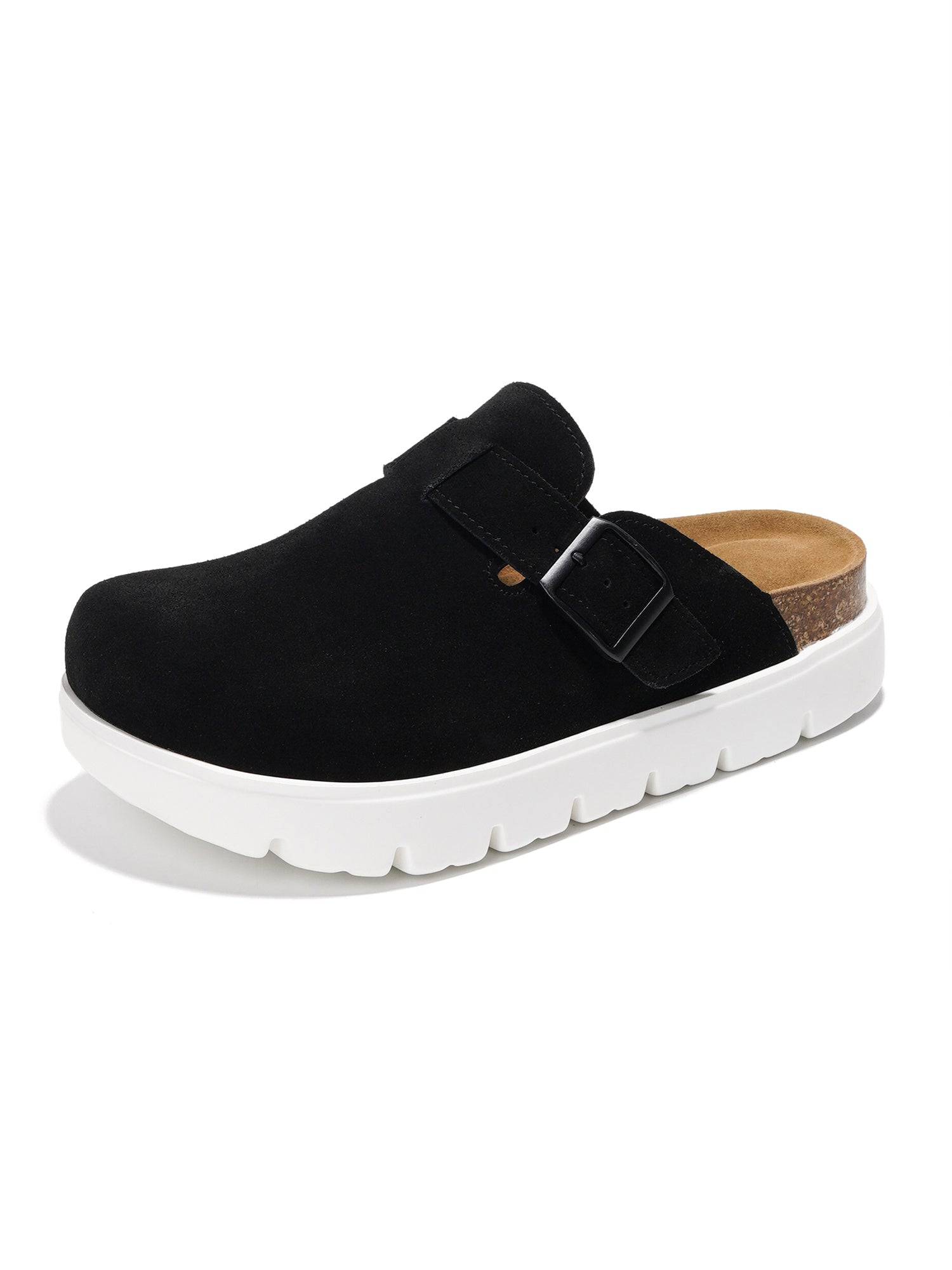 Black Benton Chunky Clogs with buckle detail, genuine leather upper, cork footbed, and white platform sole.
