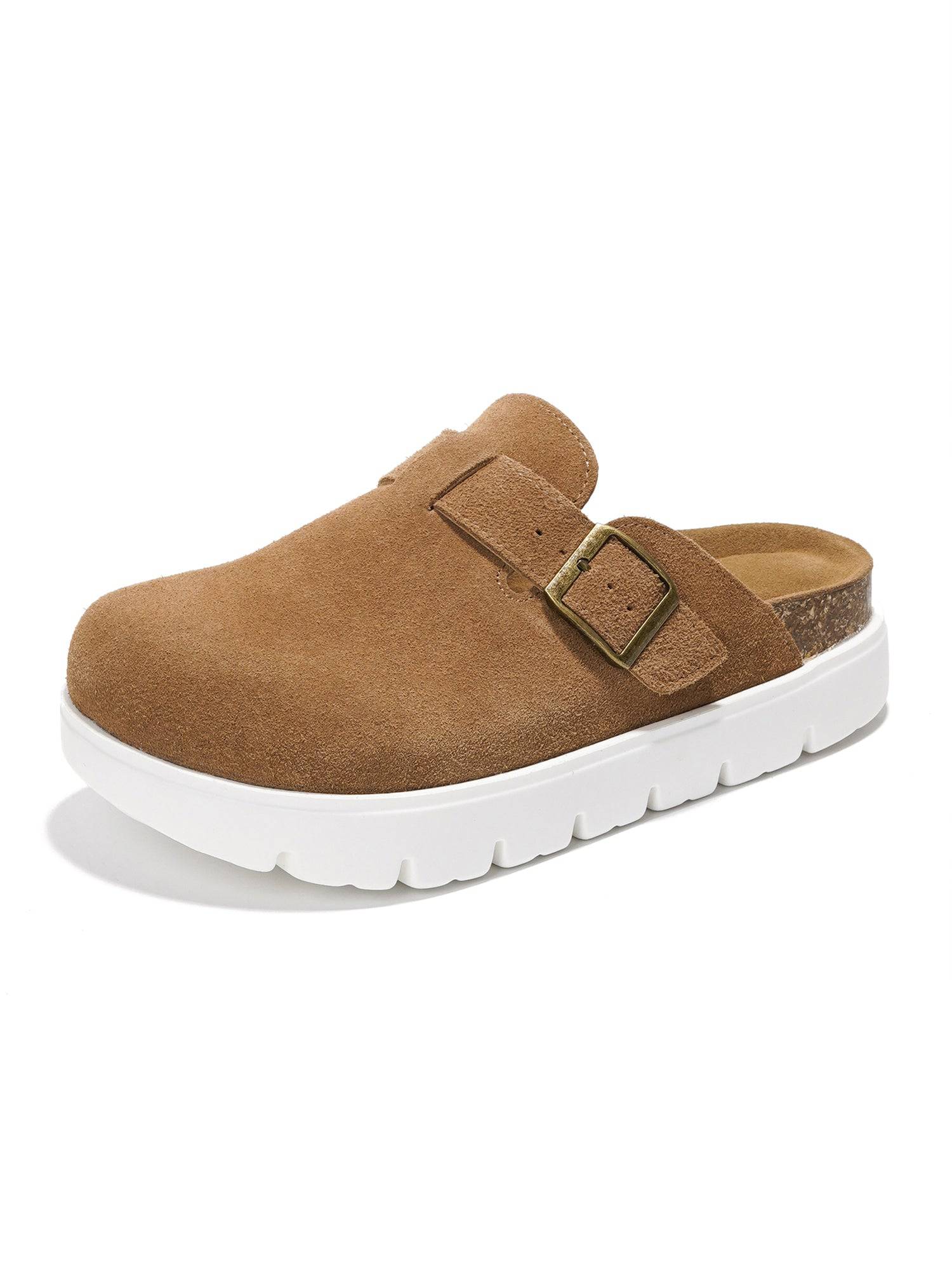 Tan Benton Chunky Clogs with buckle detail, featuring a genuine suede upper, cork footbed, and white platform sole.