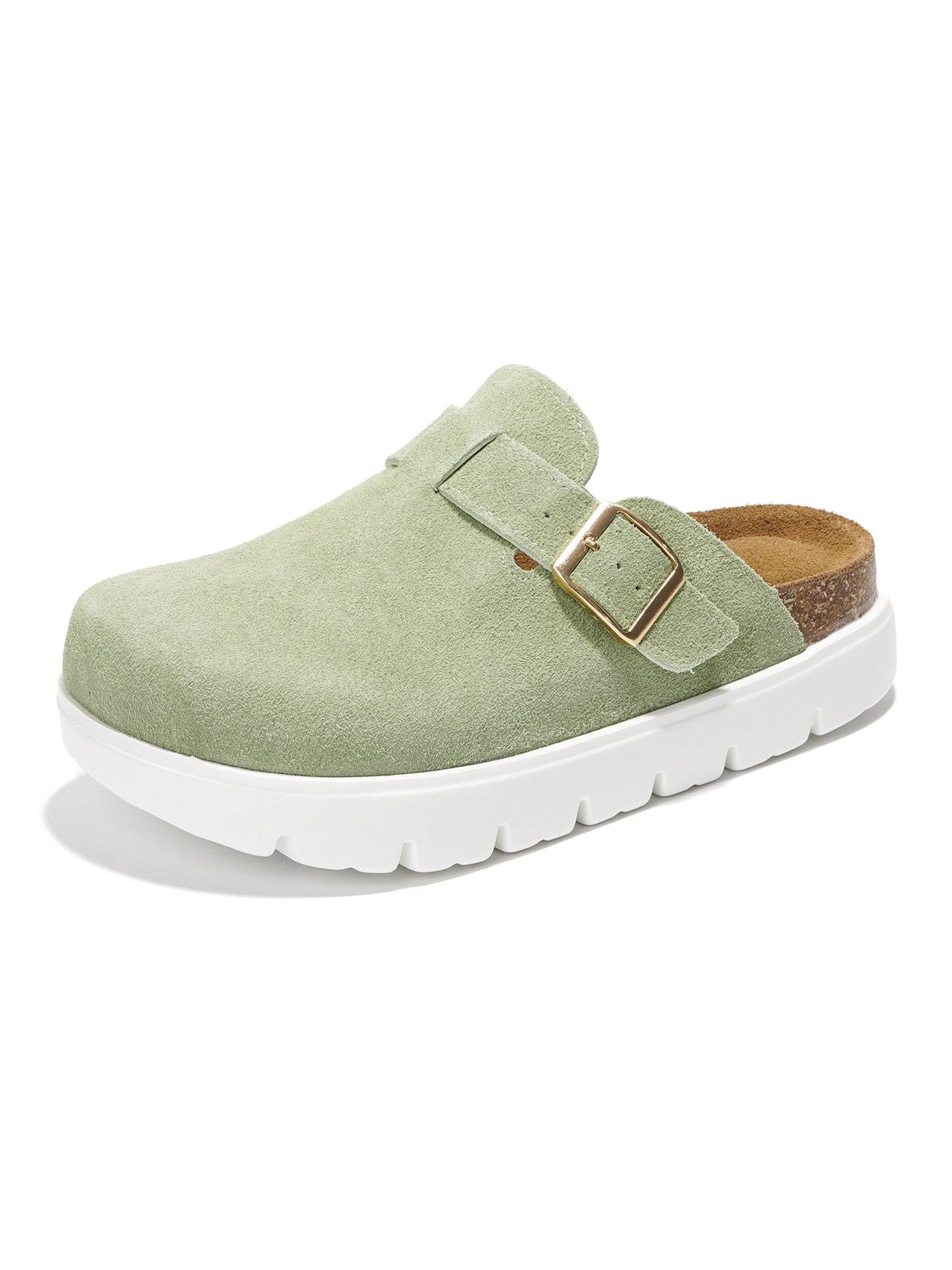 Green suede Benton Chunky Clogs with platform sole and buckle detail, perfect for women's casual wear.