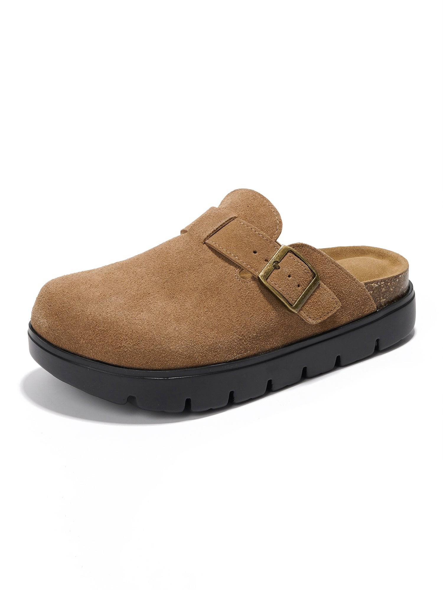 Tan suede Benton Chunky Clogs with buckle detail, cork footbed, and black platform sole. Casual women's footwear.