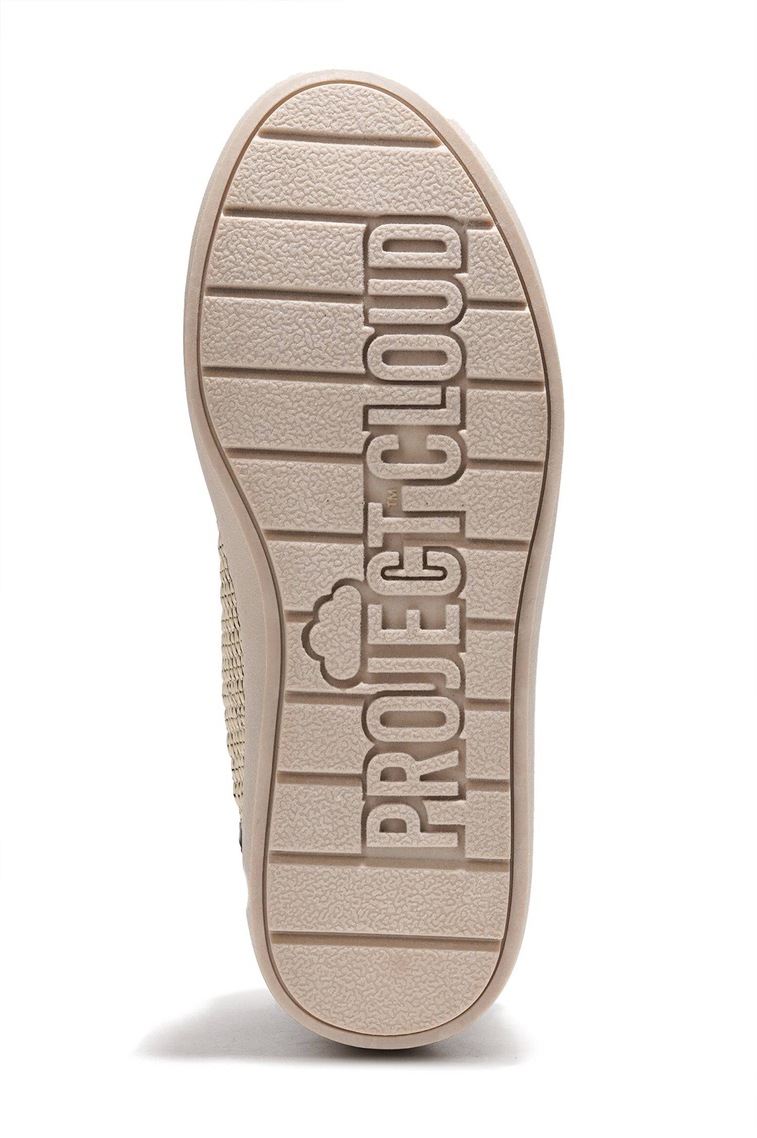 Project Cloud platform sneaker sole. Beige, textured sole with Project Cloud logo, anti-slip design.