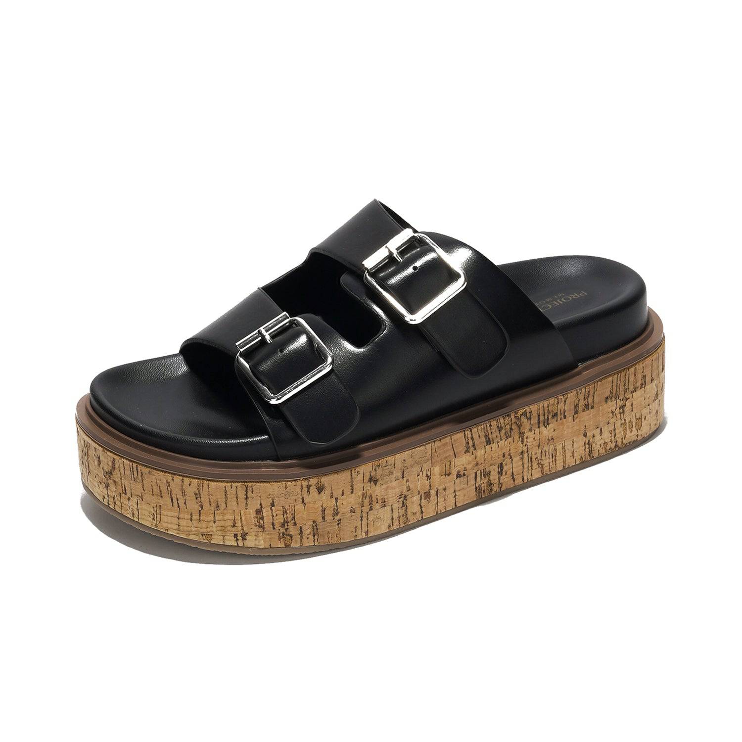 Project Cloud black vegan leather wedge sandals with buckle, cork platform sole, ProjectPlush memory foam