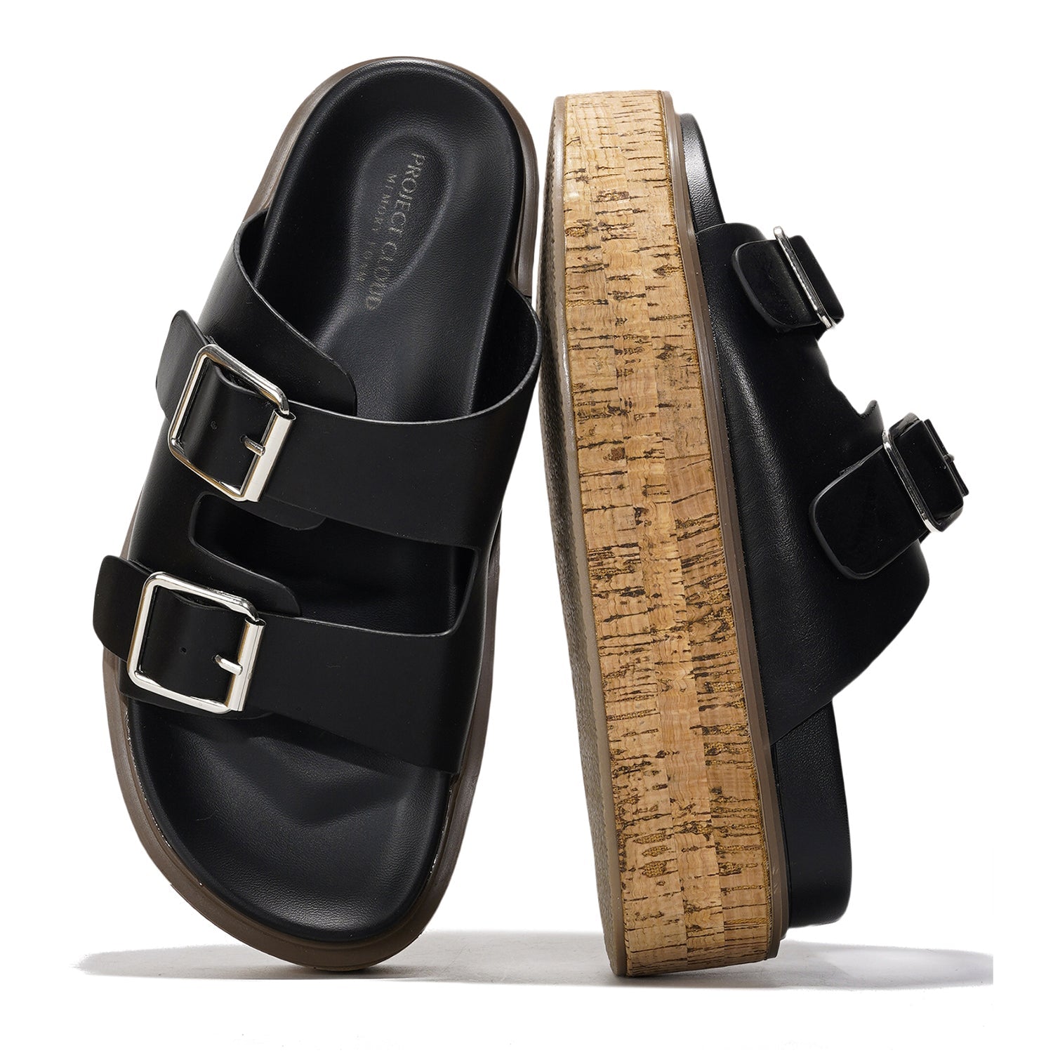 Project Cloud black vegan leather wedge sandals with buckle detail, cork platform sole, ProjectPlush memory foam.