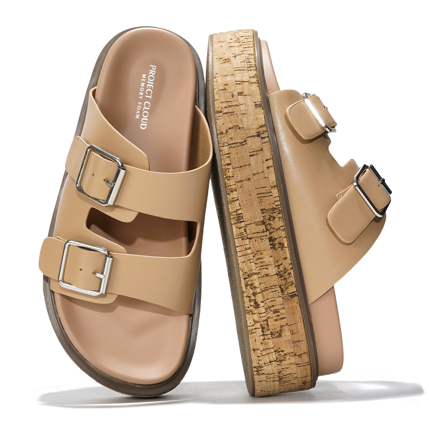 Beige vegan leather wedge sandals with cork platform, Project Cloud, ProjectPlush memory foam.