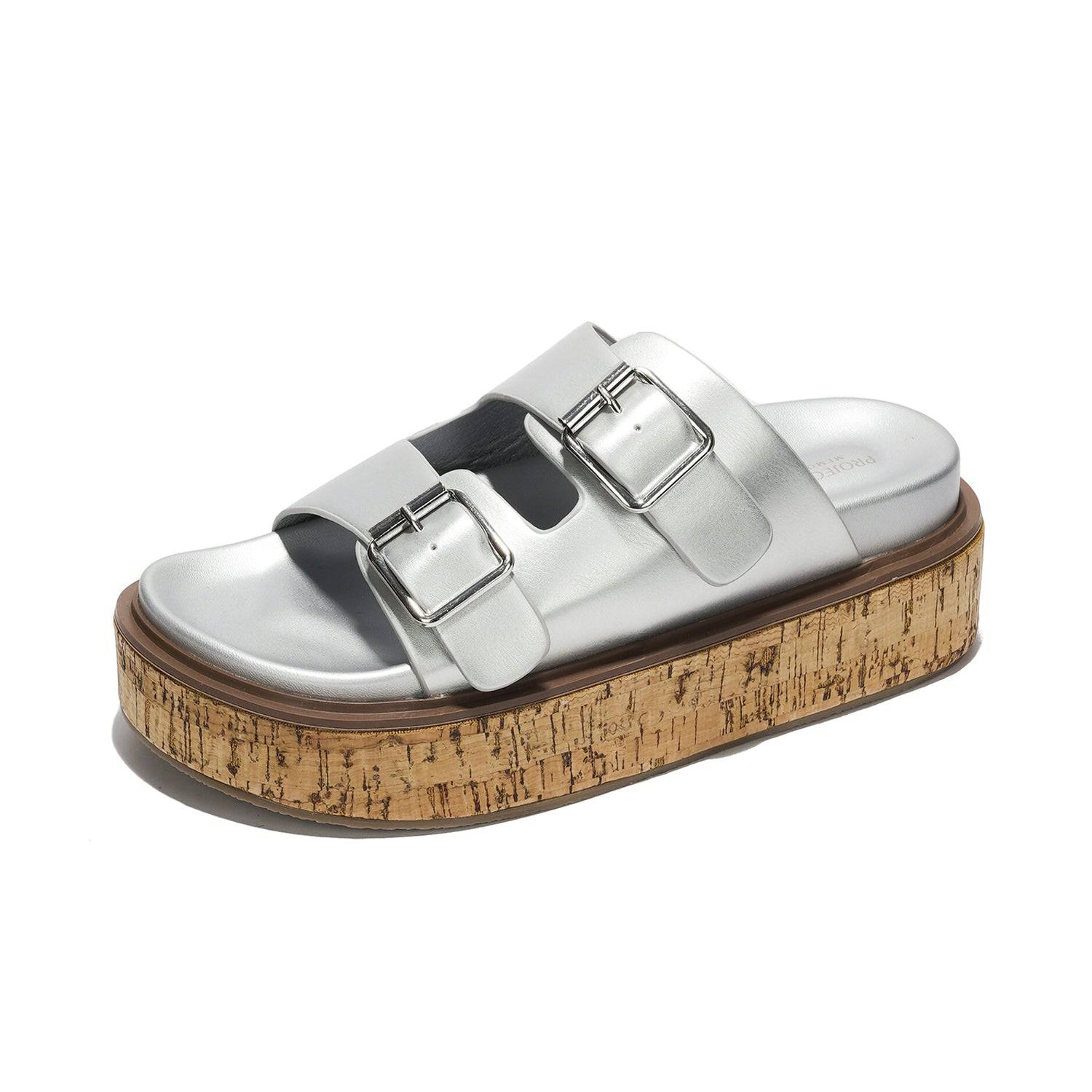 Silver vegan leather women's wedge sandals with cork platform sole, Project Cloud, ProjectPlush memory foam.