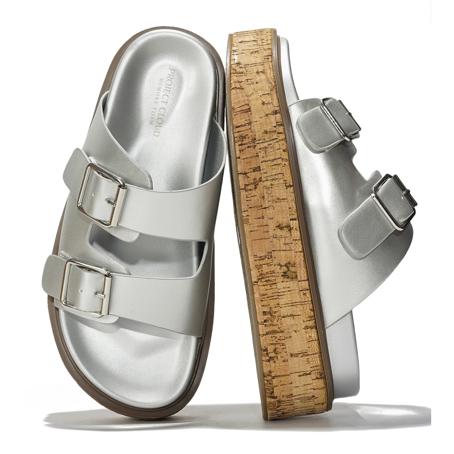 Silver vegan leather women's sandals with cork platform sole, Project Cloud, ProjectPlush memory foam. 