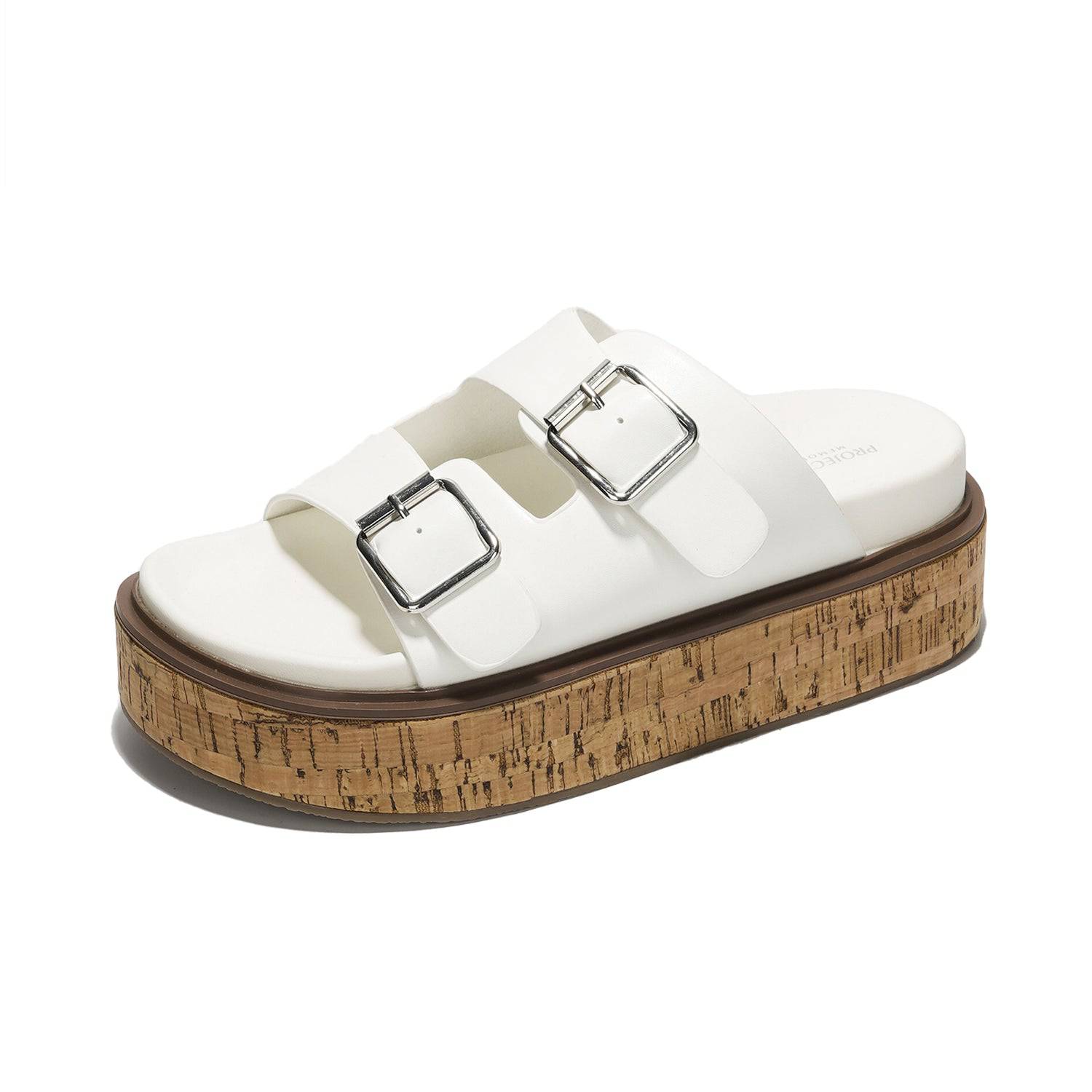 White vegan leather sandals with cork platform sole, Project Cloud, memory foam.