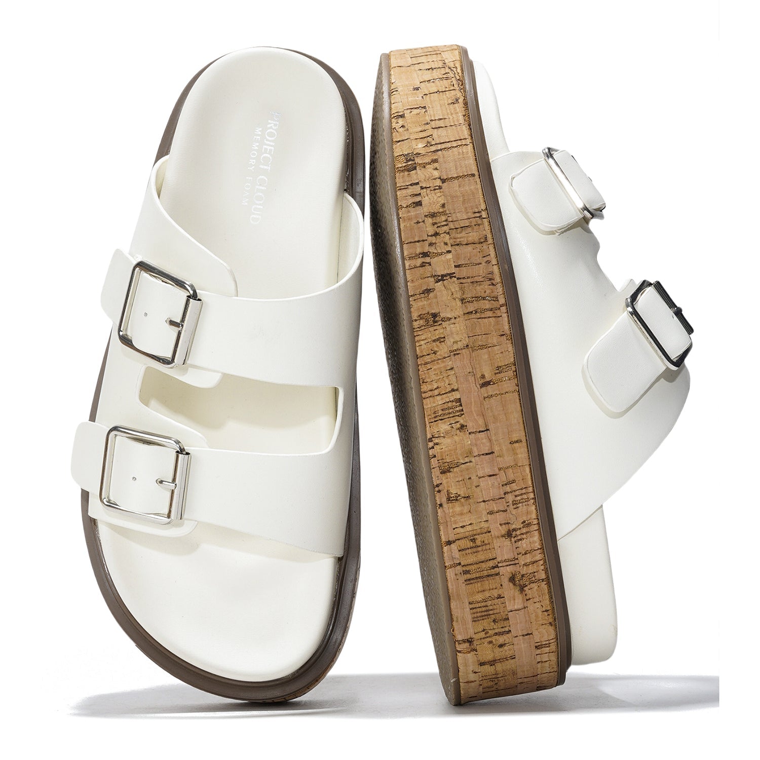 Women's white wedge sandals with Project Cloud logo, vegan leather upper, ProjectPlush memory foam, and cork sole.
