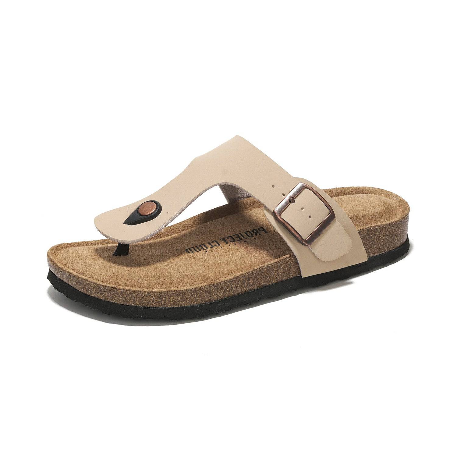 Beige leather Britani thong sandals with Project Cloud logo, adjustable buckle, cork footbed, beach essentials.