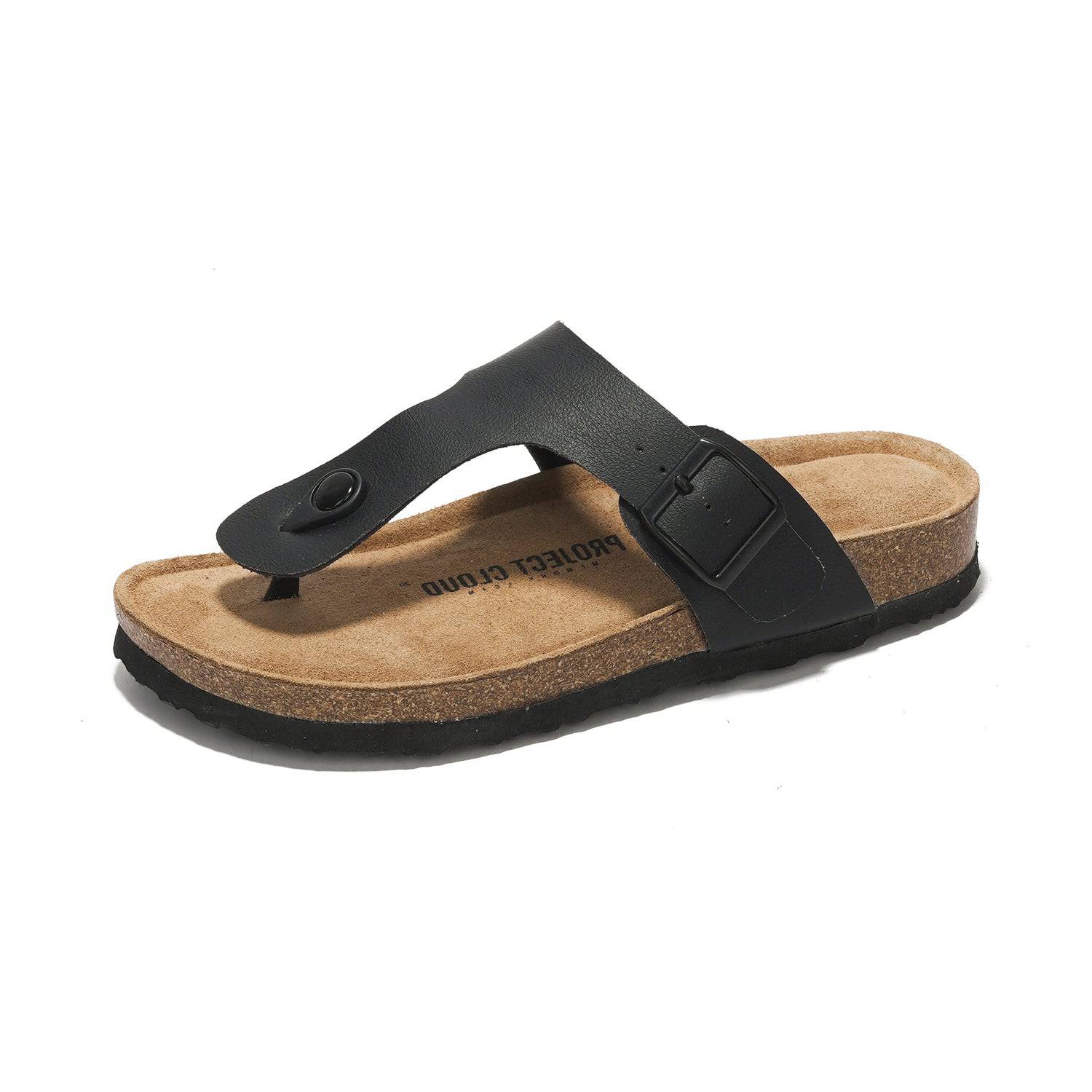 Project Cloud Britani black leather thong sandals with adjustable buckle and cork footbed, beach essentials.