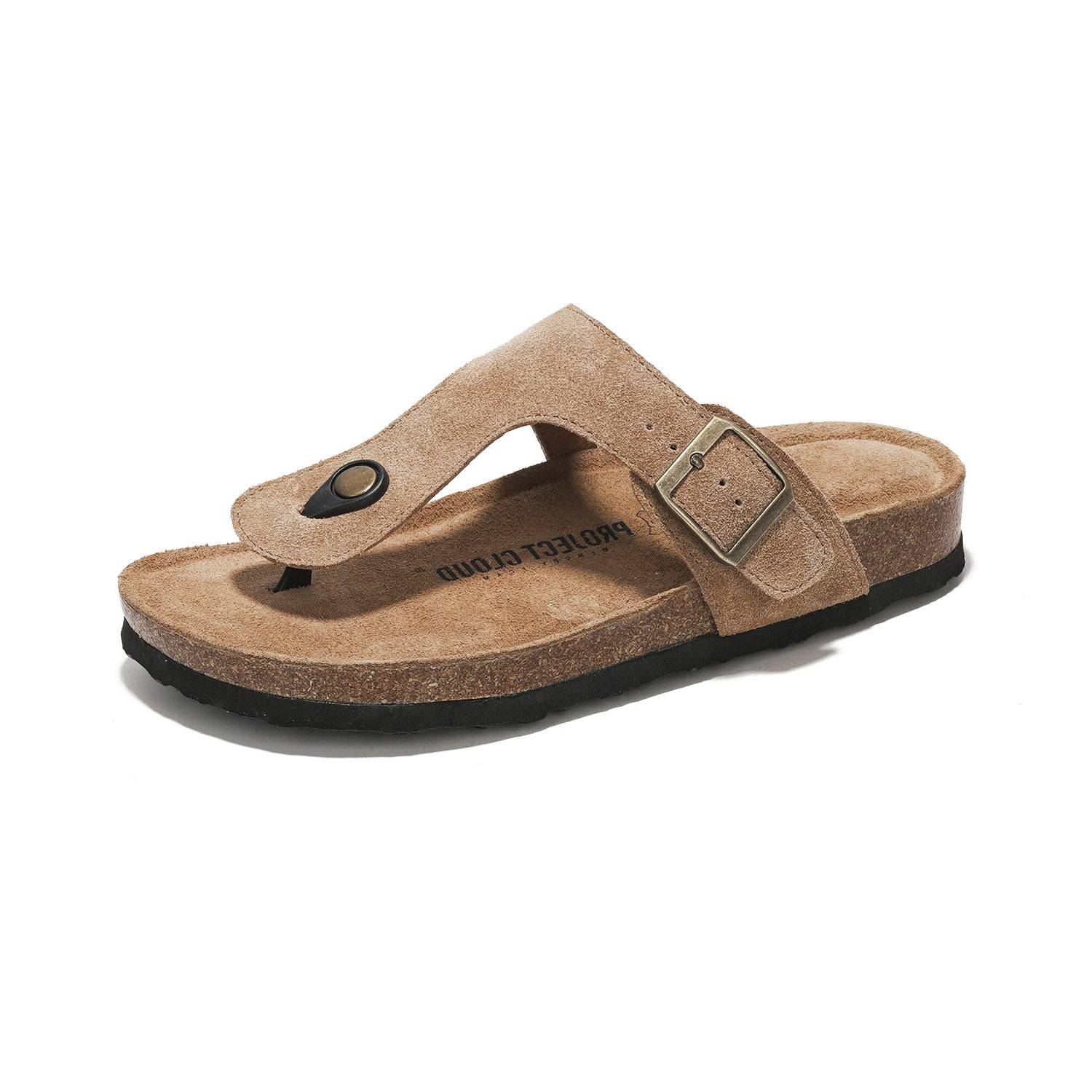 Project Cloud Britani thong sandal in beige suede with adjustable buckle and cork footbed, displaying logo, beach style.