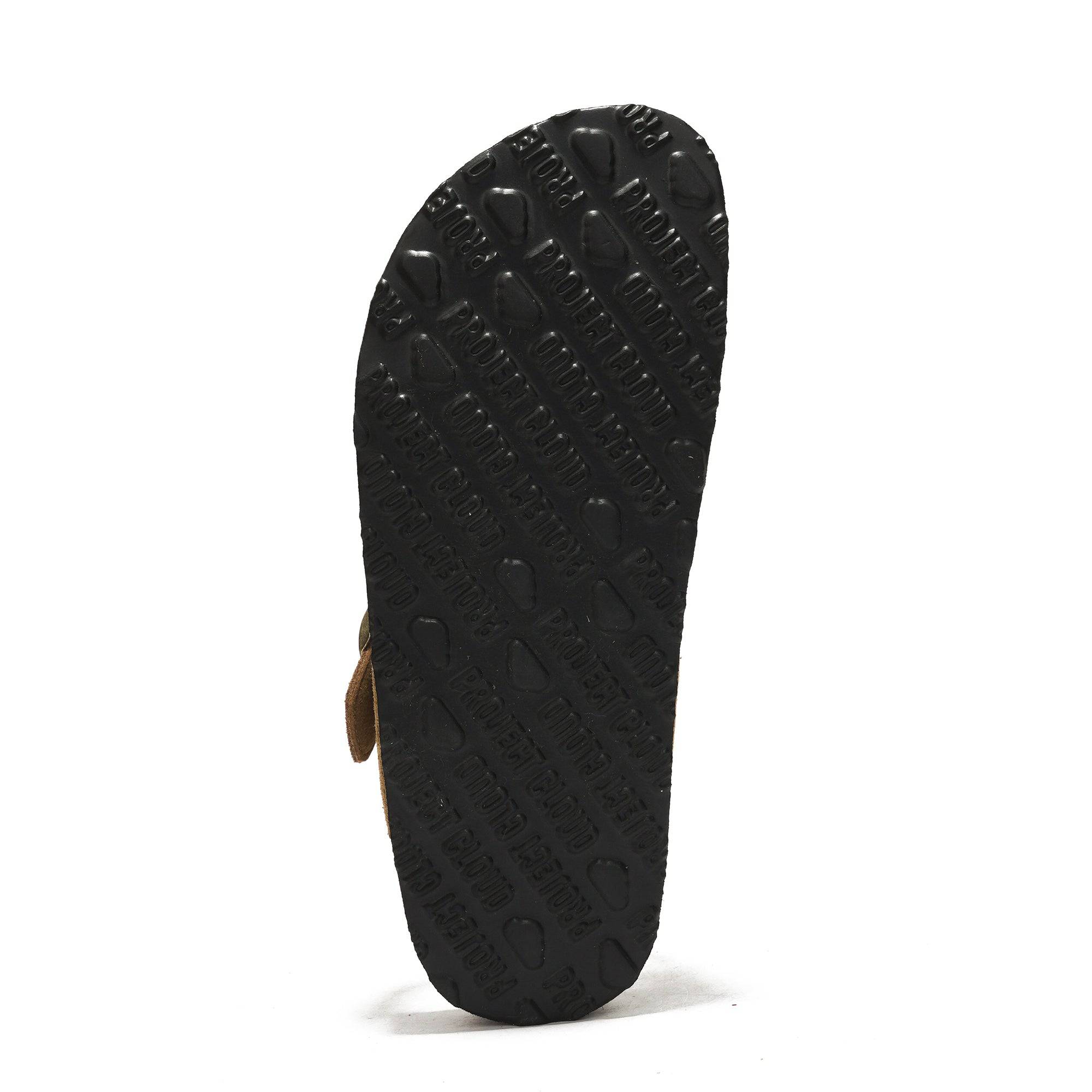Project Cloud Britani sandal sole, logo embossed, leather, memory foam, beach style.