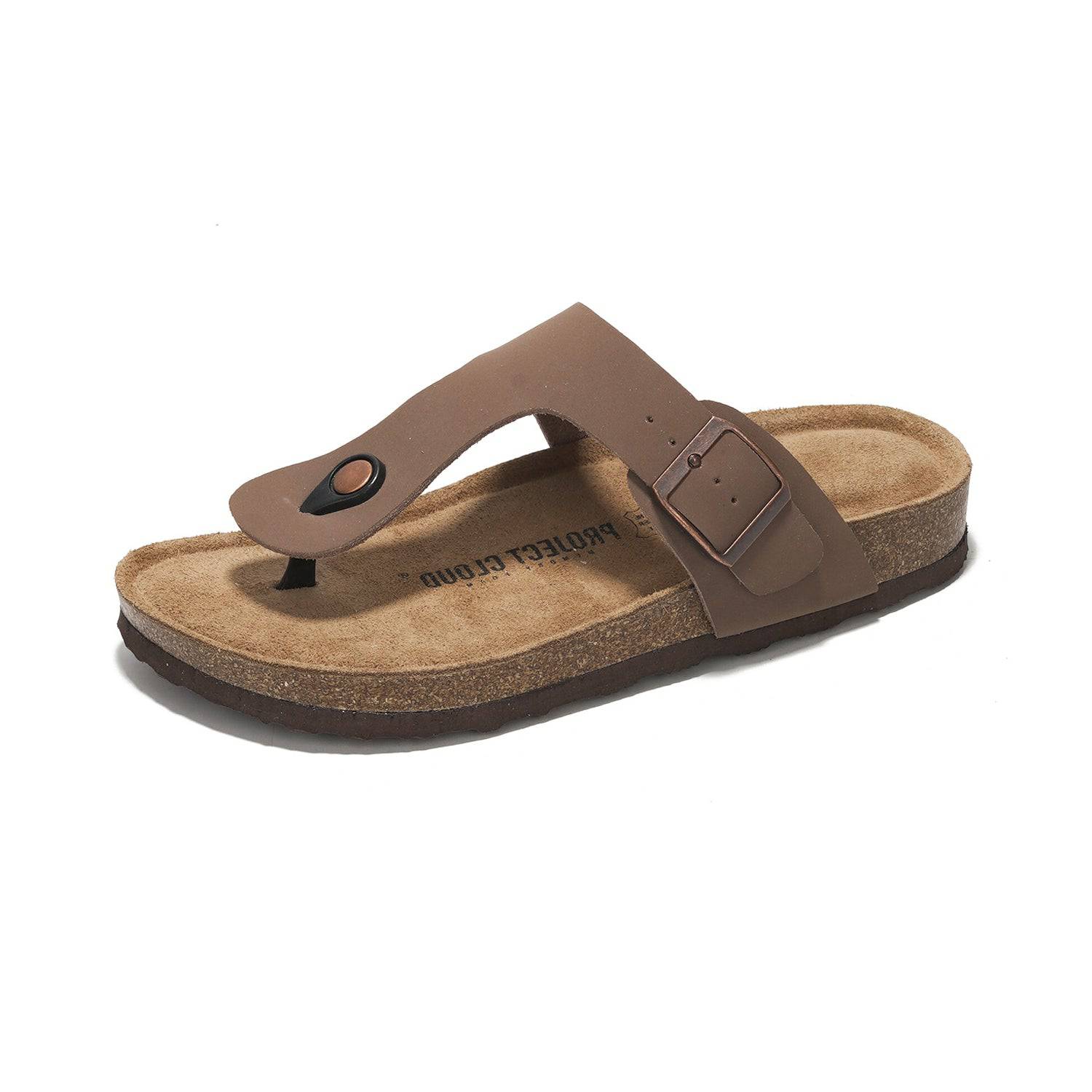 Project Cloud Britani thong sandals in brown leather with adjustable buckle and cork footbed, featuring memory foam.