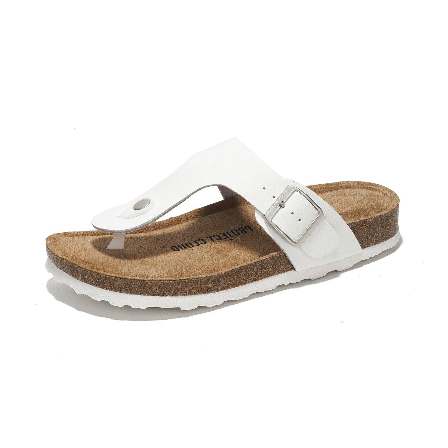 White leather Project Cloud Britani thong sandal with adjustable buckle, cork footbed, beach essentials.
