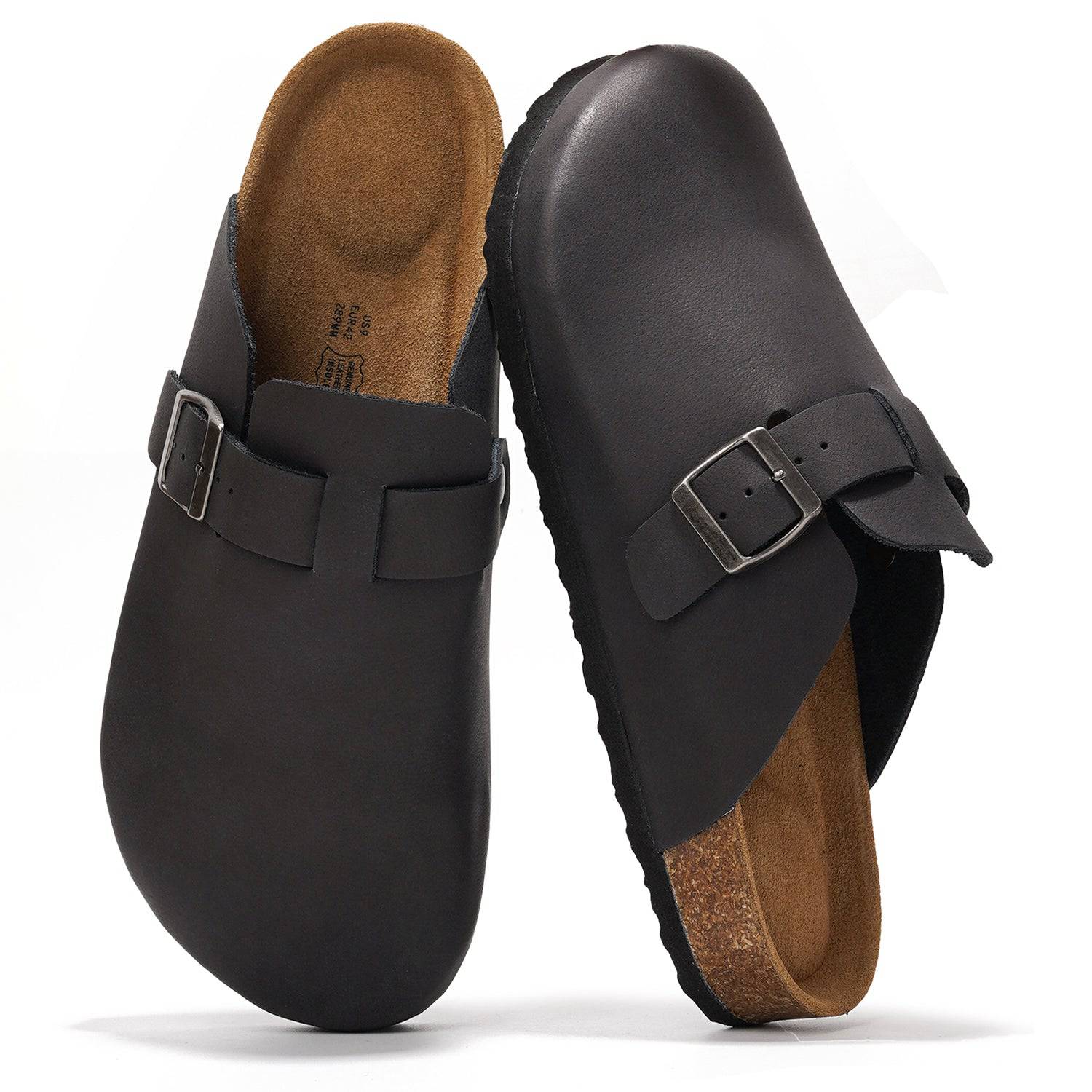 Black leather Brooklyn clogs for men with buckle detail and cork footbed, featuring memory foam for comfort.