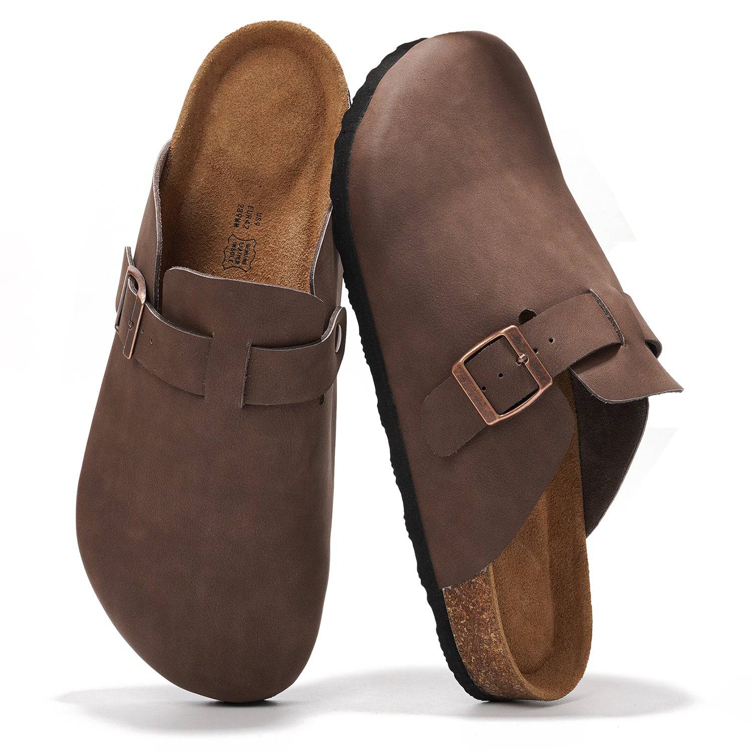 Brown suede Brooklyn clogs for men with buckle, cork footbed, and memory foam insole, perfect for comfort and style.