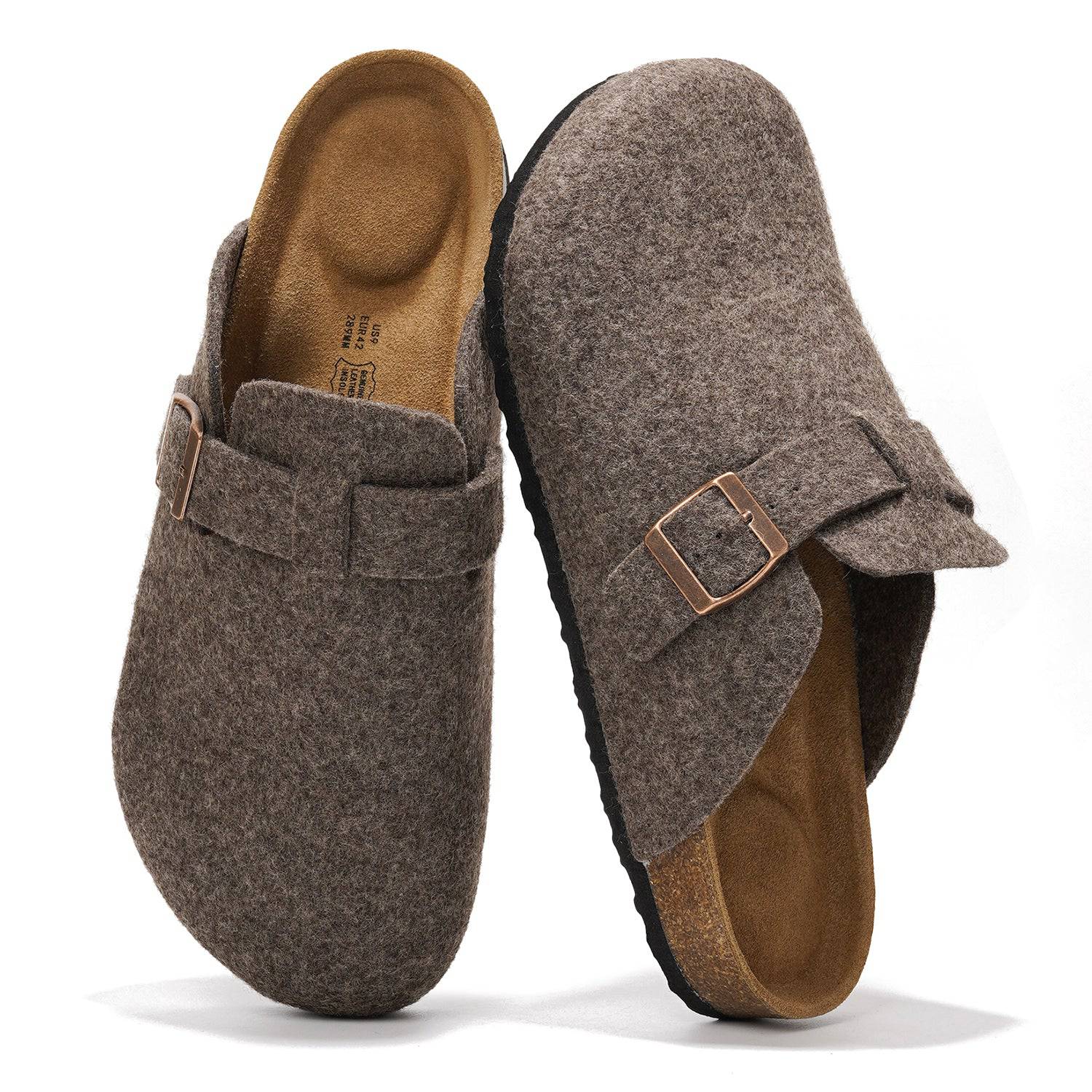 Men's Brooklyn Clogs in Brown Felt with Buckle Detail, Cork Footbed, and Arch Support.