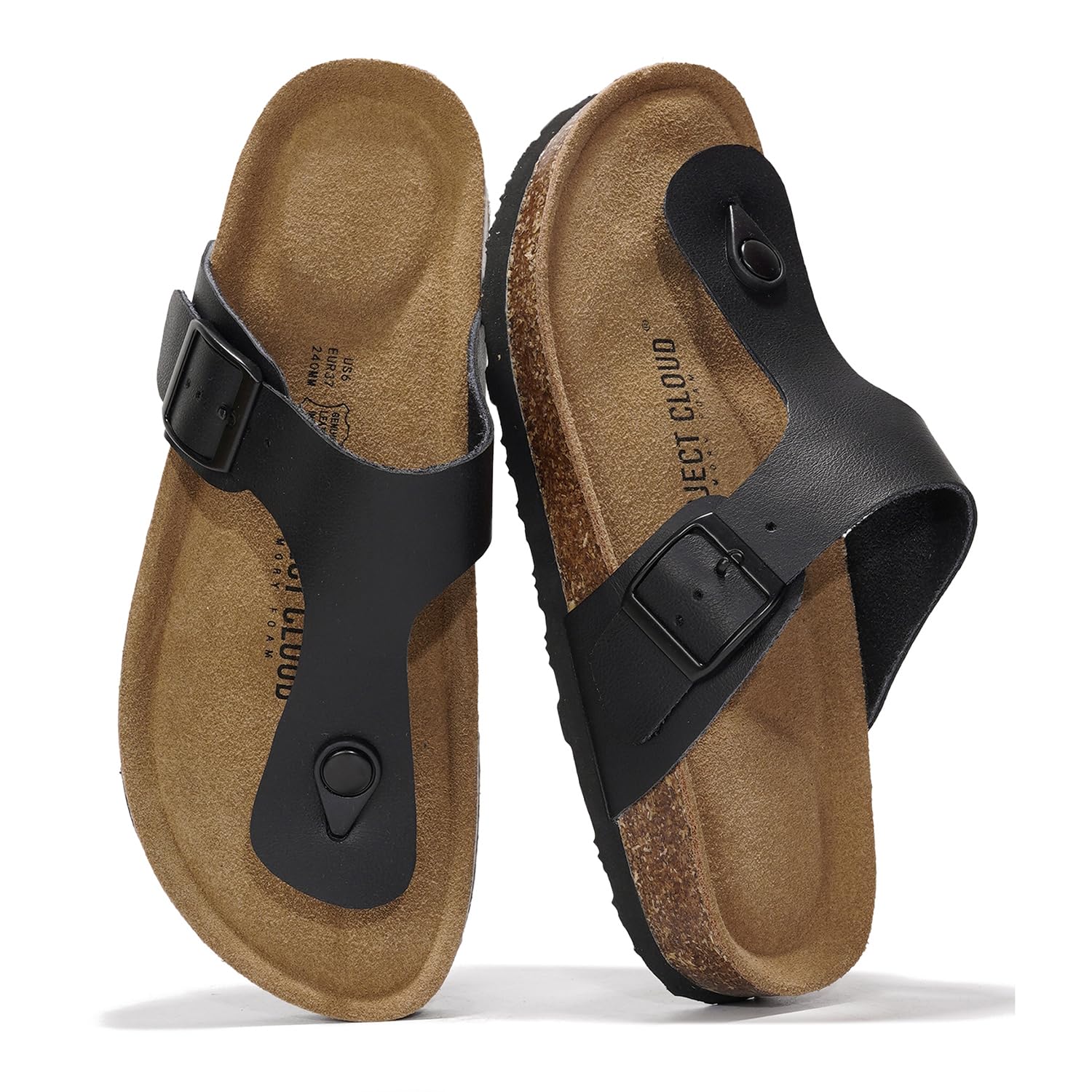 Project Cloud Britani black leather thong sandals with adjustable buckle and cork footbed, beach essentials.