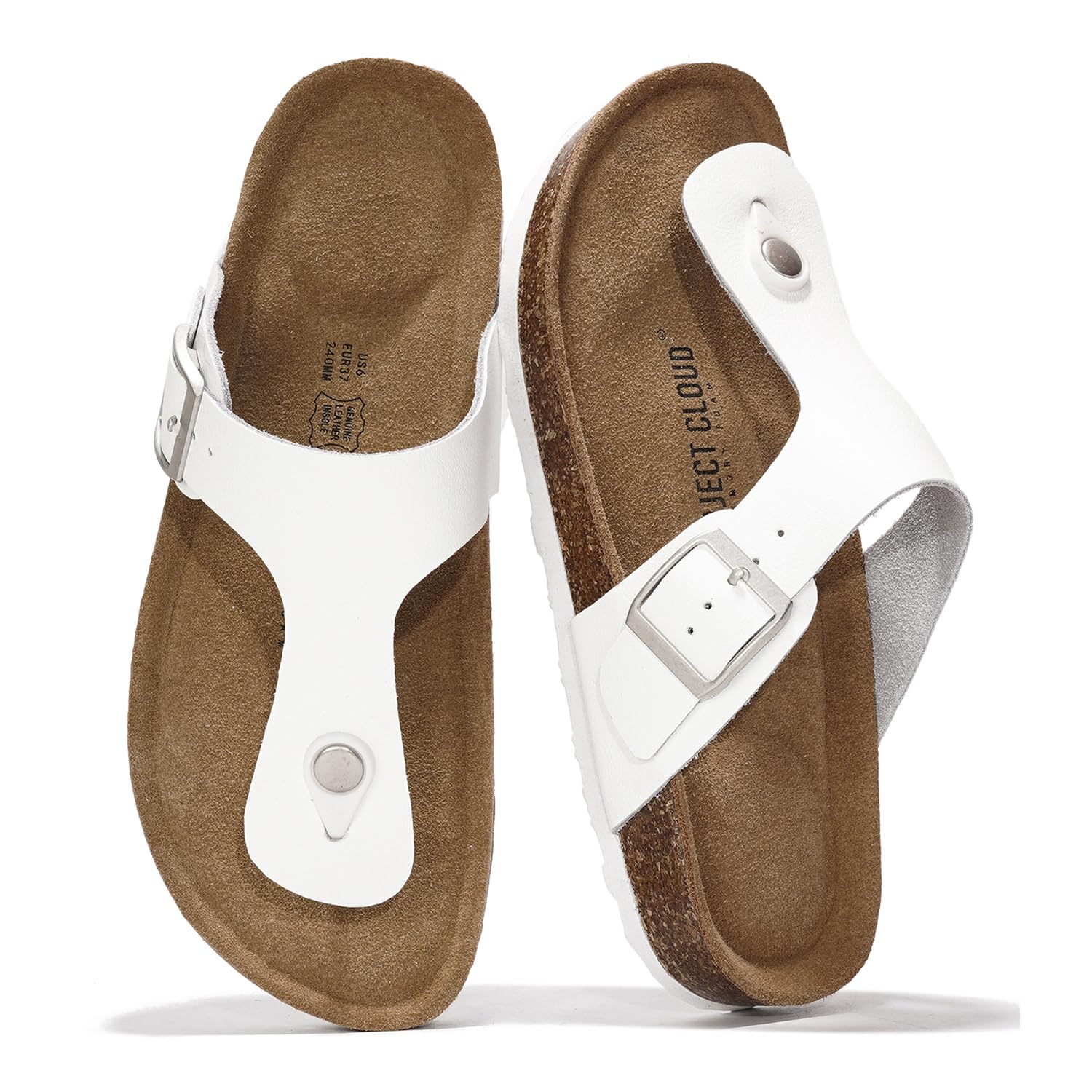 Project Cloud Britani white leather thong sandals with cork footbed, adjustable buckle.