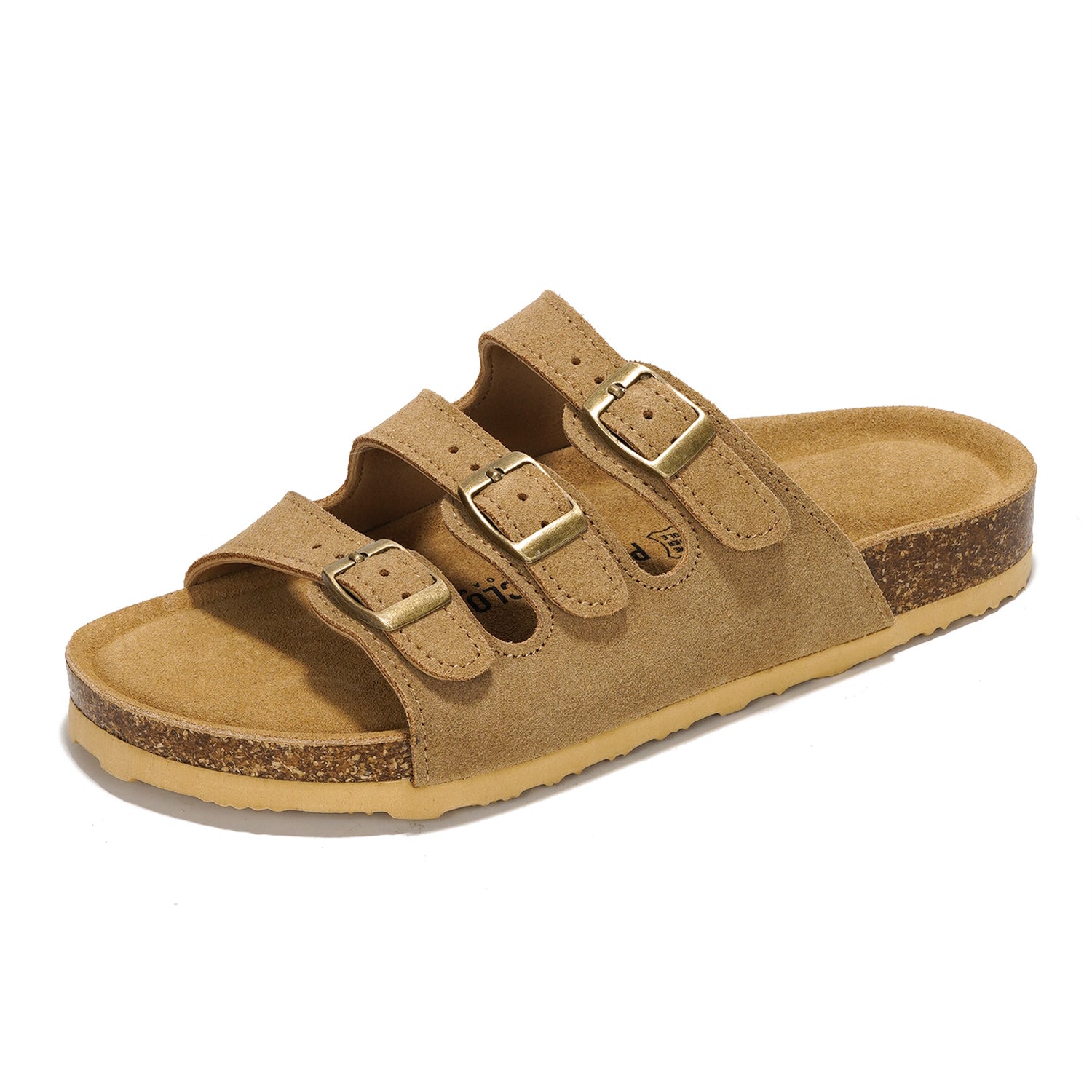 Project Cloud Capri Sandal in tan suede with adjustable triple straps, cork footbed, and buckle details.