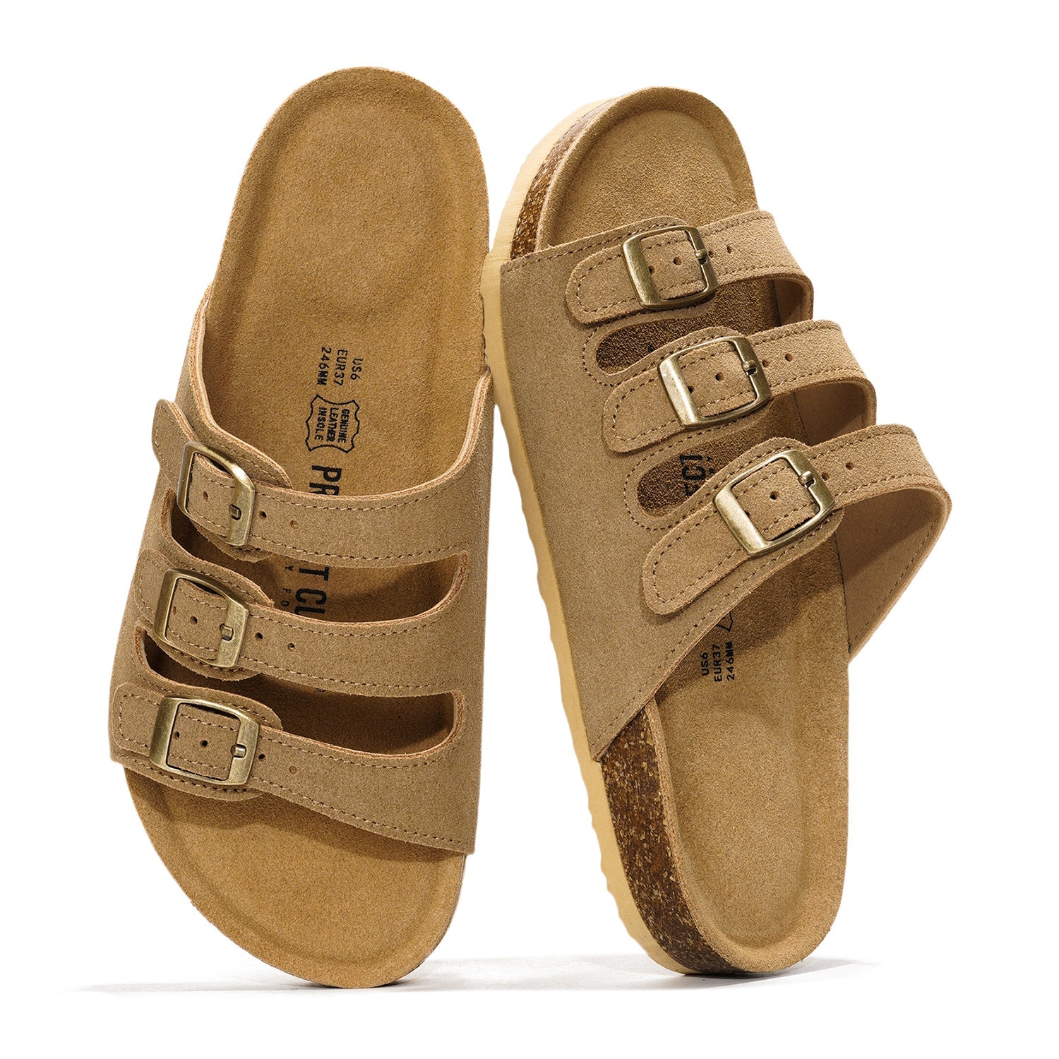 Project Cloud Capri Sandal in tan suede leather. Featuring adjustable triple straps, ProjectPlush insole, and cork footbed.