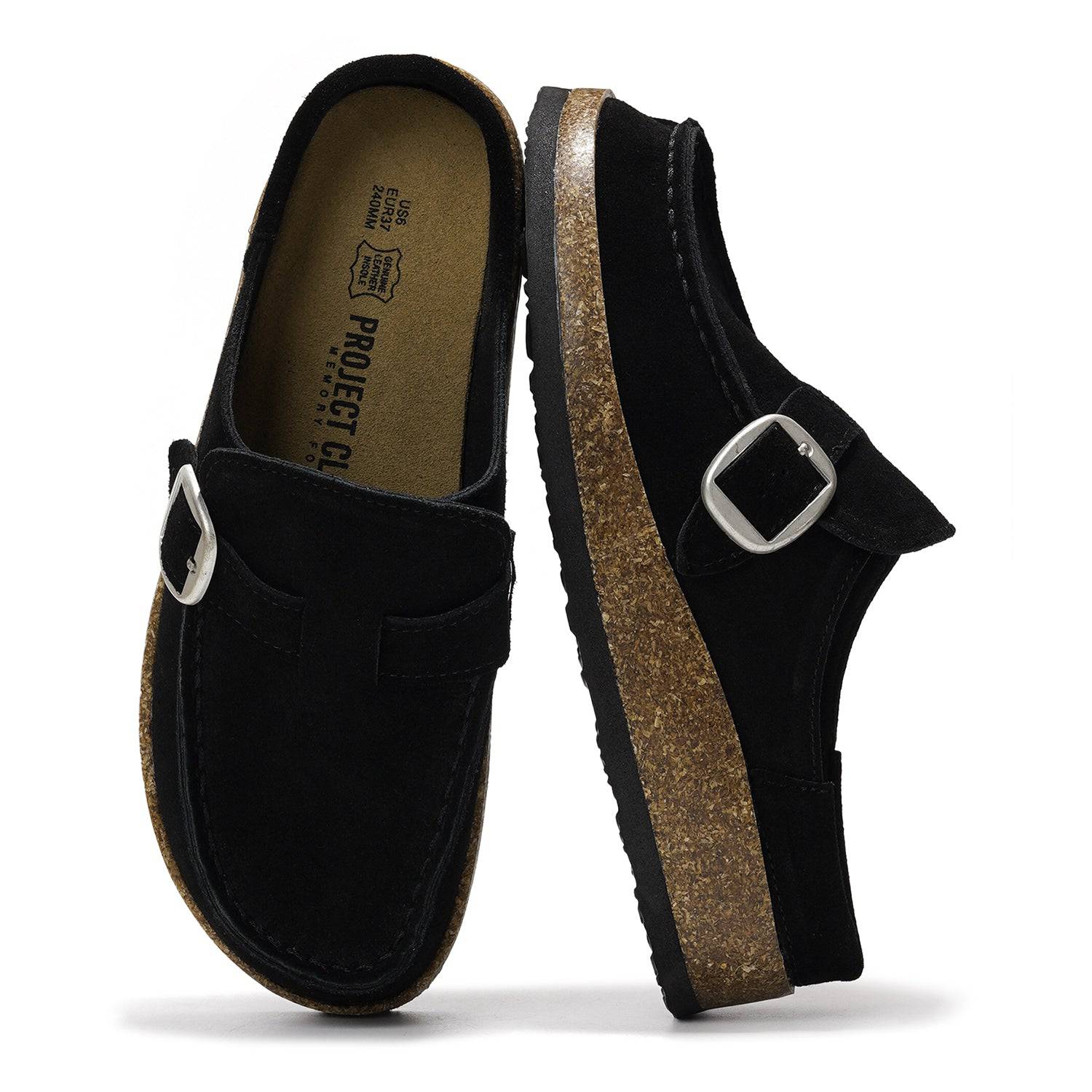 Project Cloud Carline Black Clogs for Women featuring genuine leather, memory foam insole, and buckle detail.