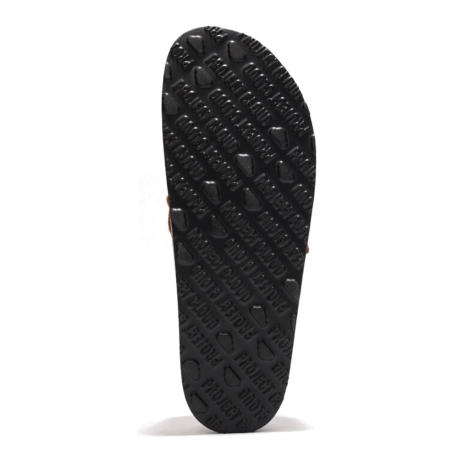 Project Cloud Carline clogs sole detail, black rubber with Project Cloud logo, non-slip design.