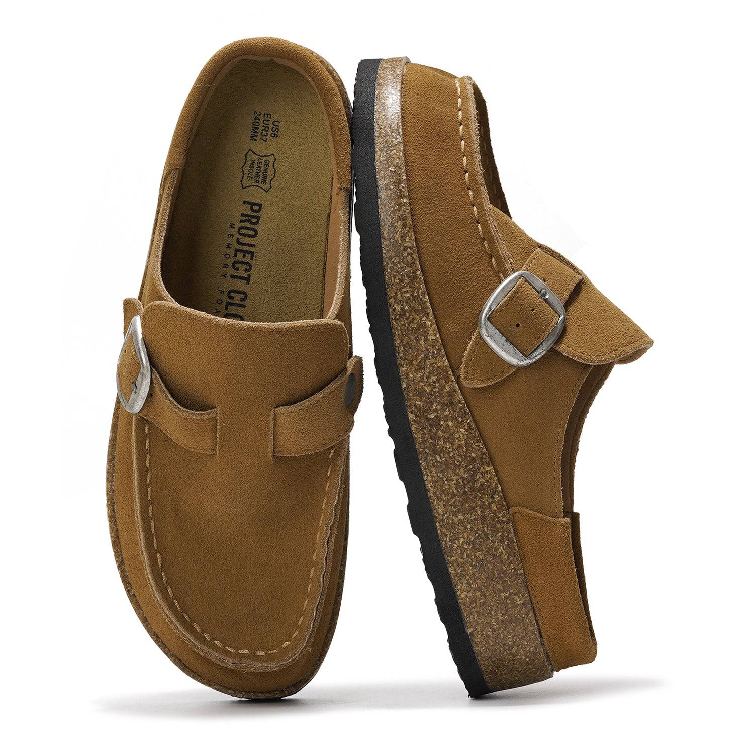 Project Cloud Carline clogs for women in brown suede, memory foam, buckle detail, genuine leather insole