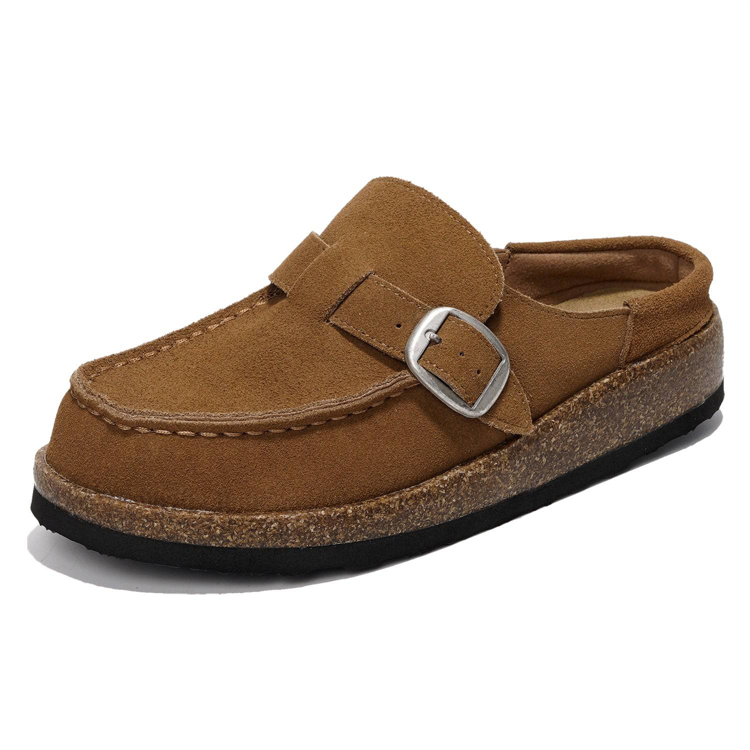Project Cloud Carline clogs for women in brown suede with buckle detail and cork sole.