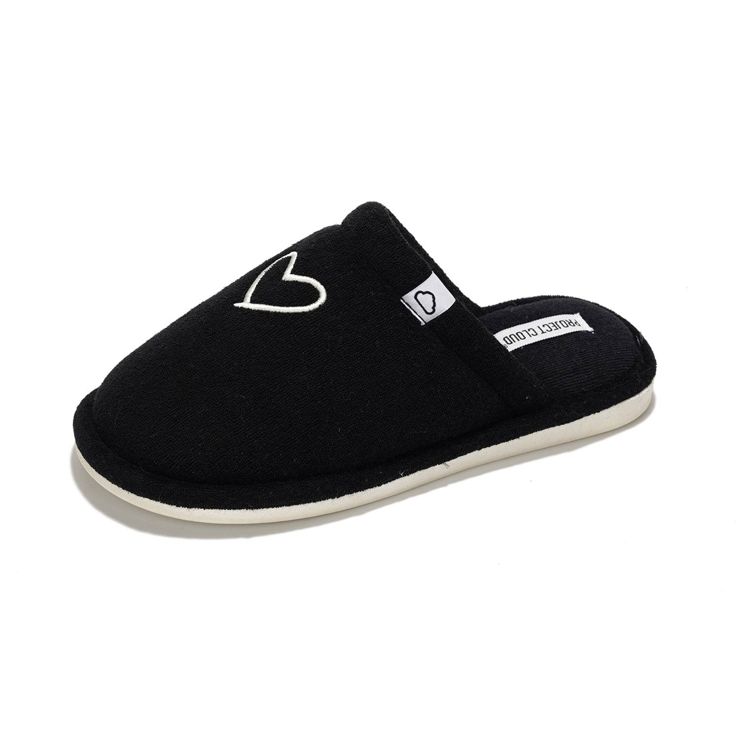 Project Cloud Casa Women's black memory foam slippers with heart detail, non-slip sole, and Project Cloud branding.