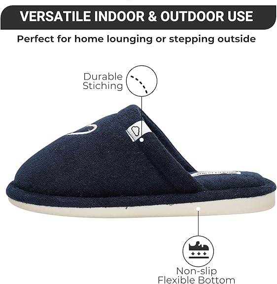 Project Cloud Casa navy memory foam slipper, versatile for indoor/outdoor, non-slip sole and durable stitching.