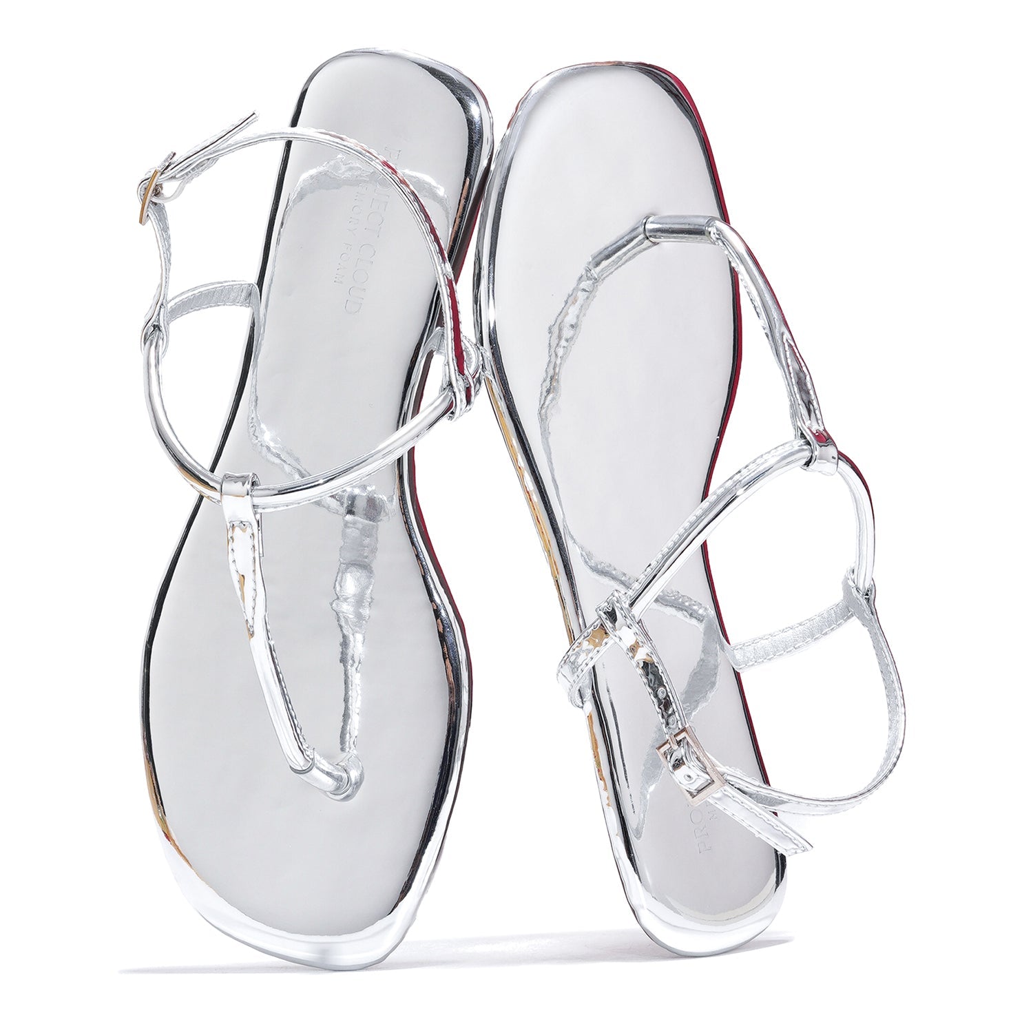 Project Cloud Celebration Silver Vegan Leather Sandals with Memory Foam - Lightweight Summer Flats, Anti-Slip Sole