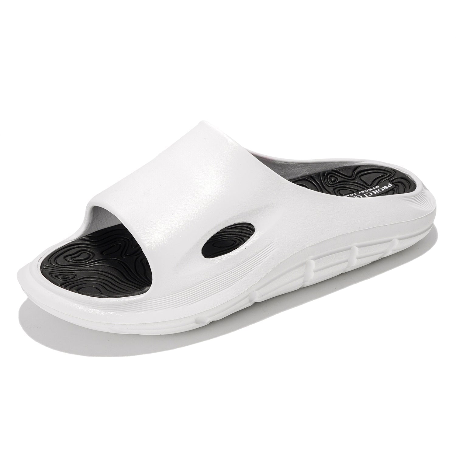 Project Cloud Dean white sandals with black memory foam sole, lightweight and flexible.