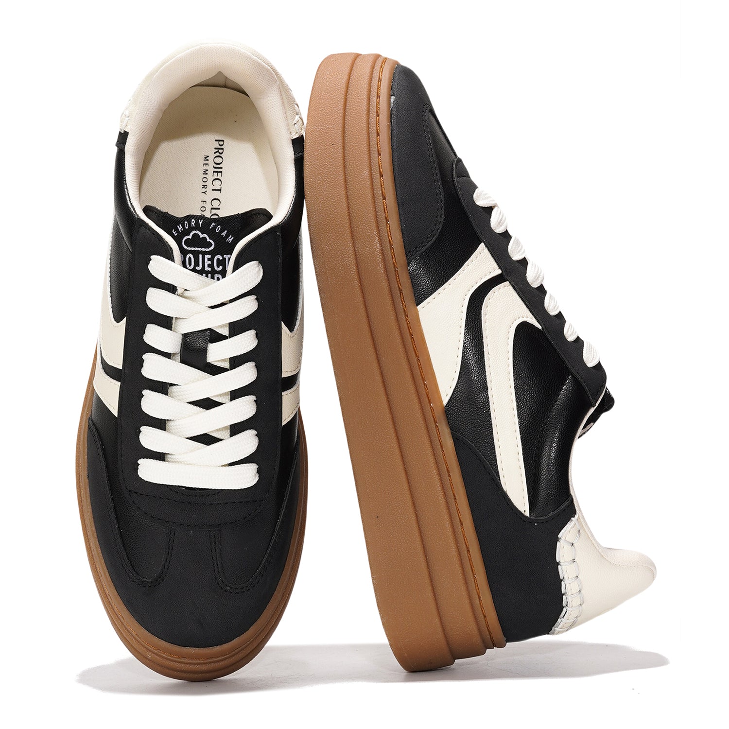 Project Cloud Dodge sneakers: black & white vegan leather, memory foam, brown sole. Women's platform sneakers.