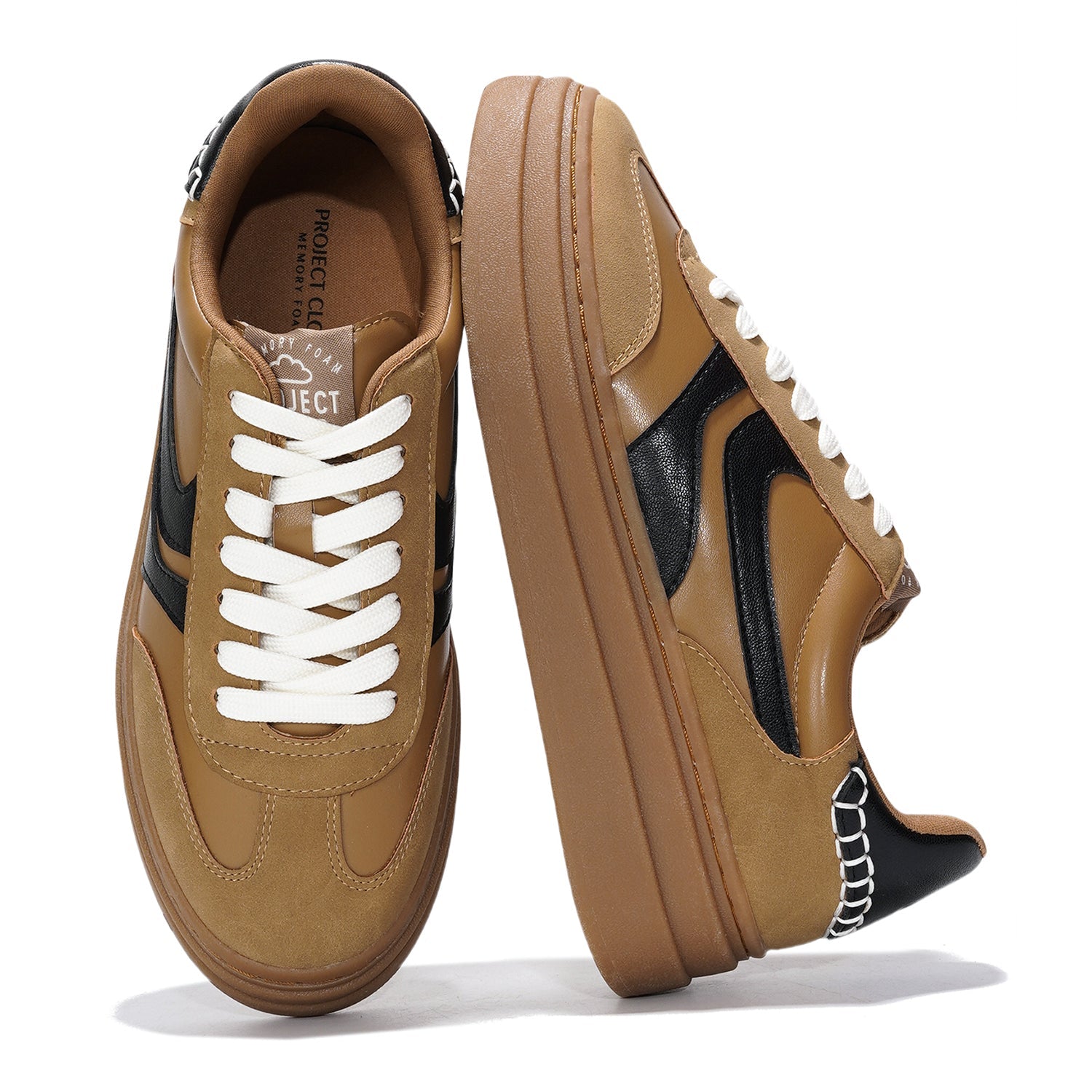 Project Cloud Dodge Platform Sneakers in brown, black and white. Vegan leather, memory foam, women's platform sneakers.