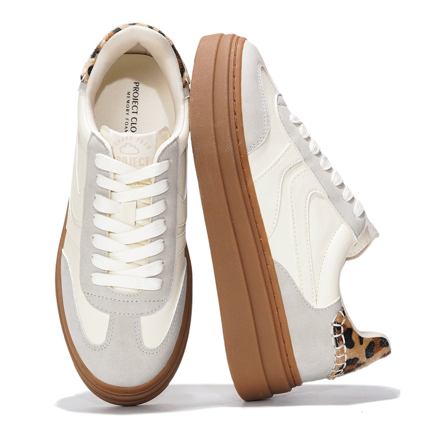 Project Cloud Dodge Platform Sneakers with Memory Foam, Vegan Leather, Leopard Print Detail, Brown Sole