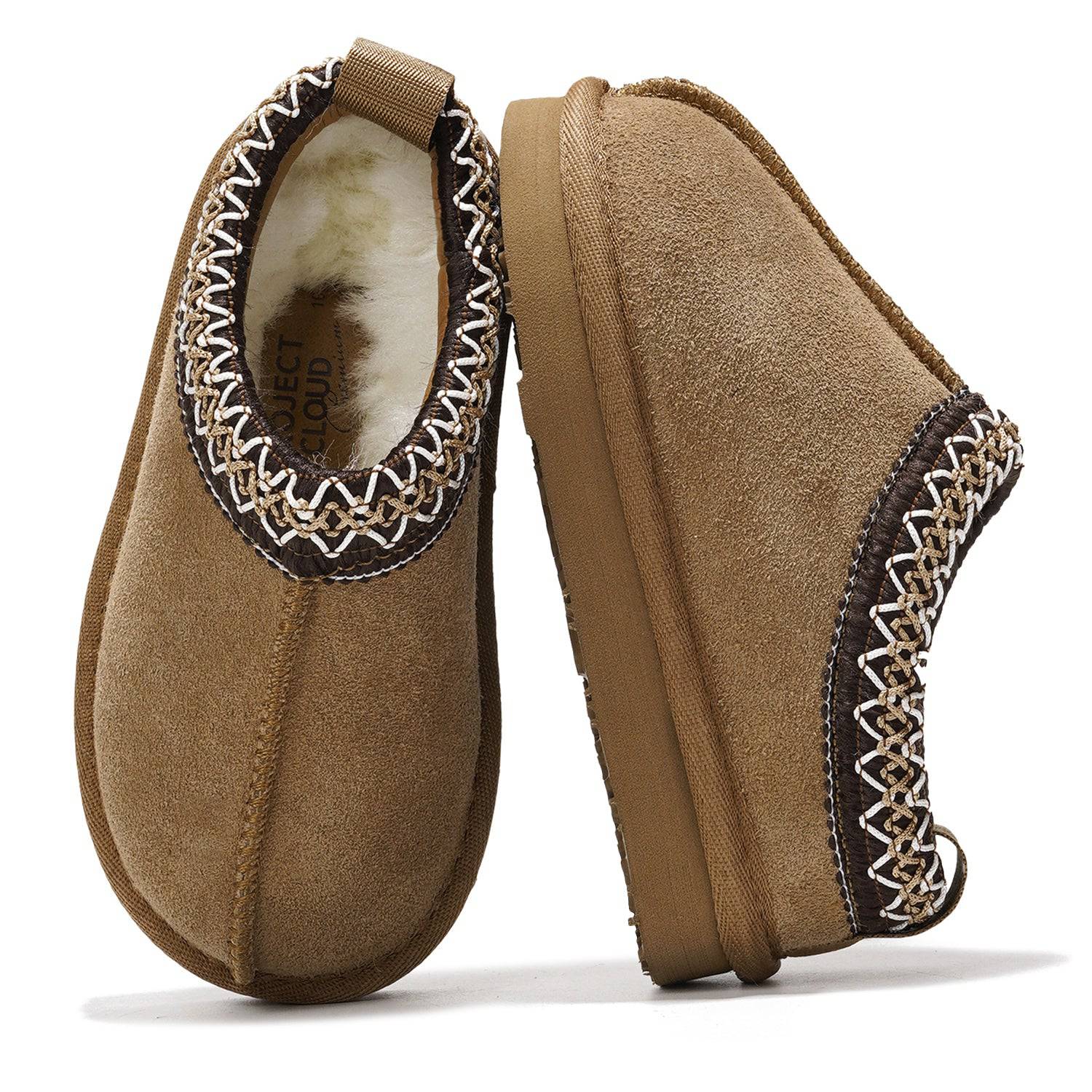 Project Cloud Kids' Dream Warm Brown Shearling Slippers. Featuring Australian shearling, non-slip sole, and stylish trim. 