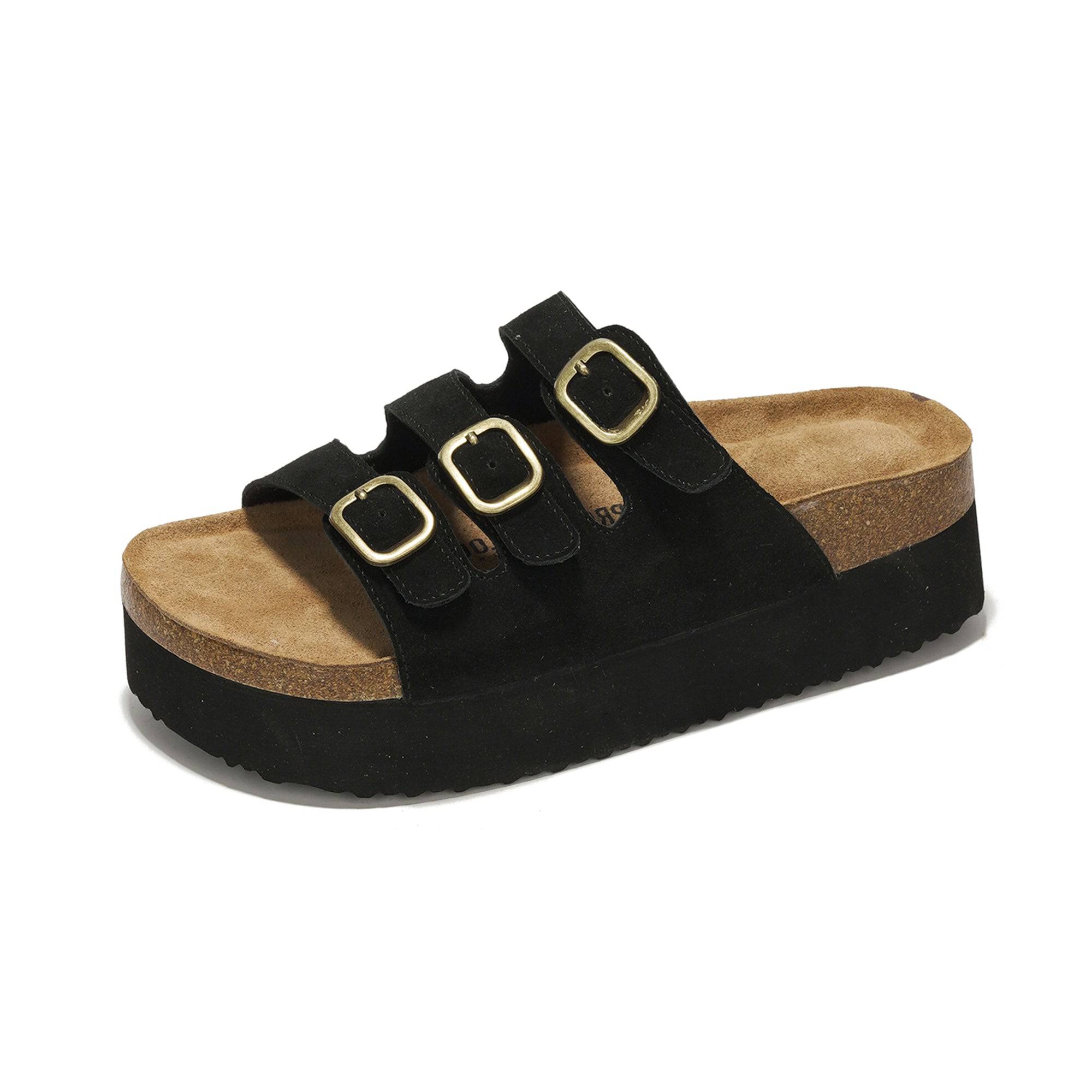 Black suede platform sandals with three buckle straps for women, featuring a cork footbed, Project Cloud Dyan
