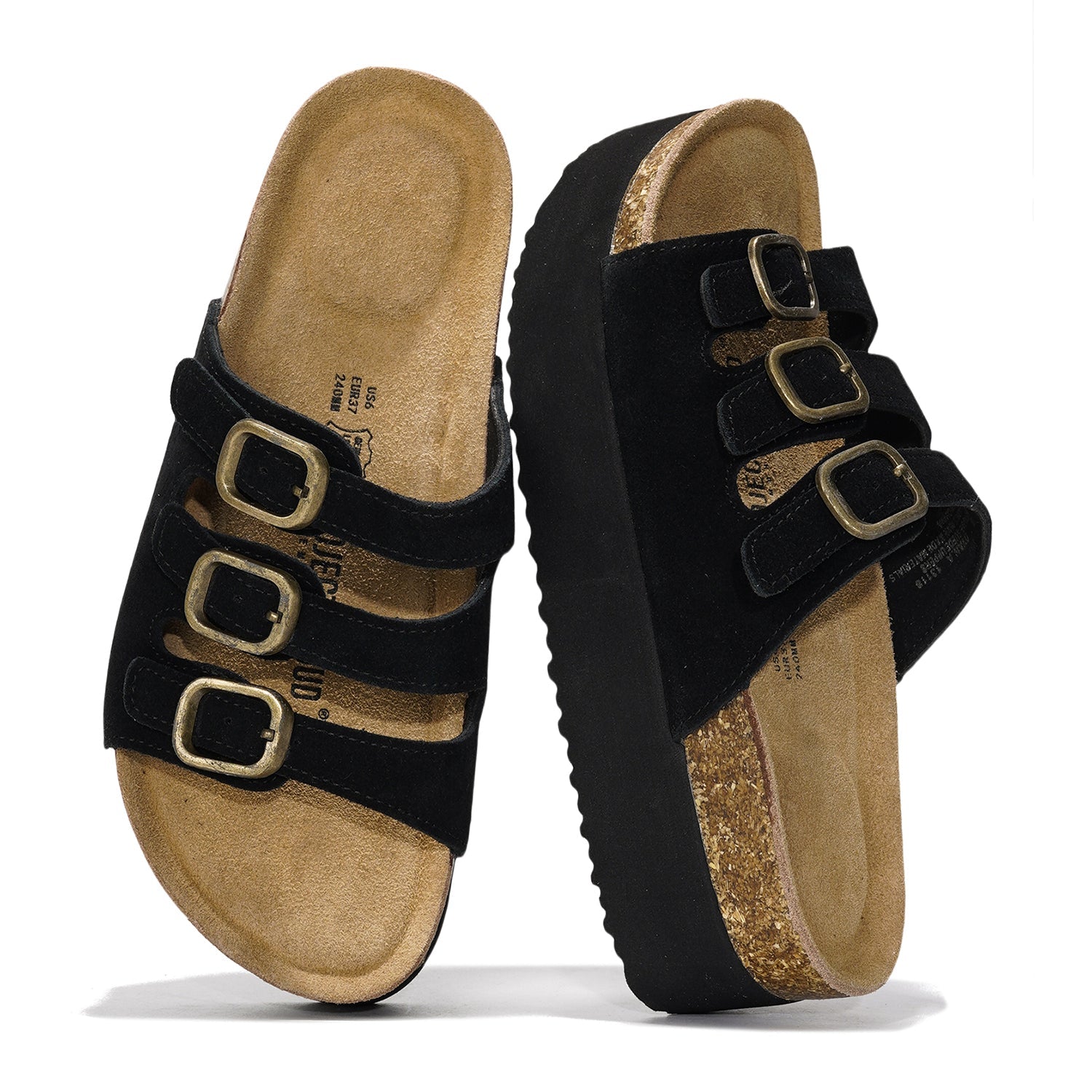 Black suede platform sandals with three buckle straps, featuring a cork footbed and Project Cloud branding.
