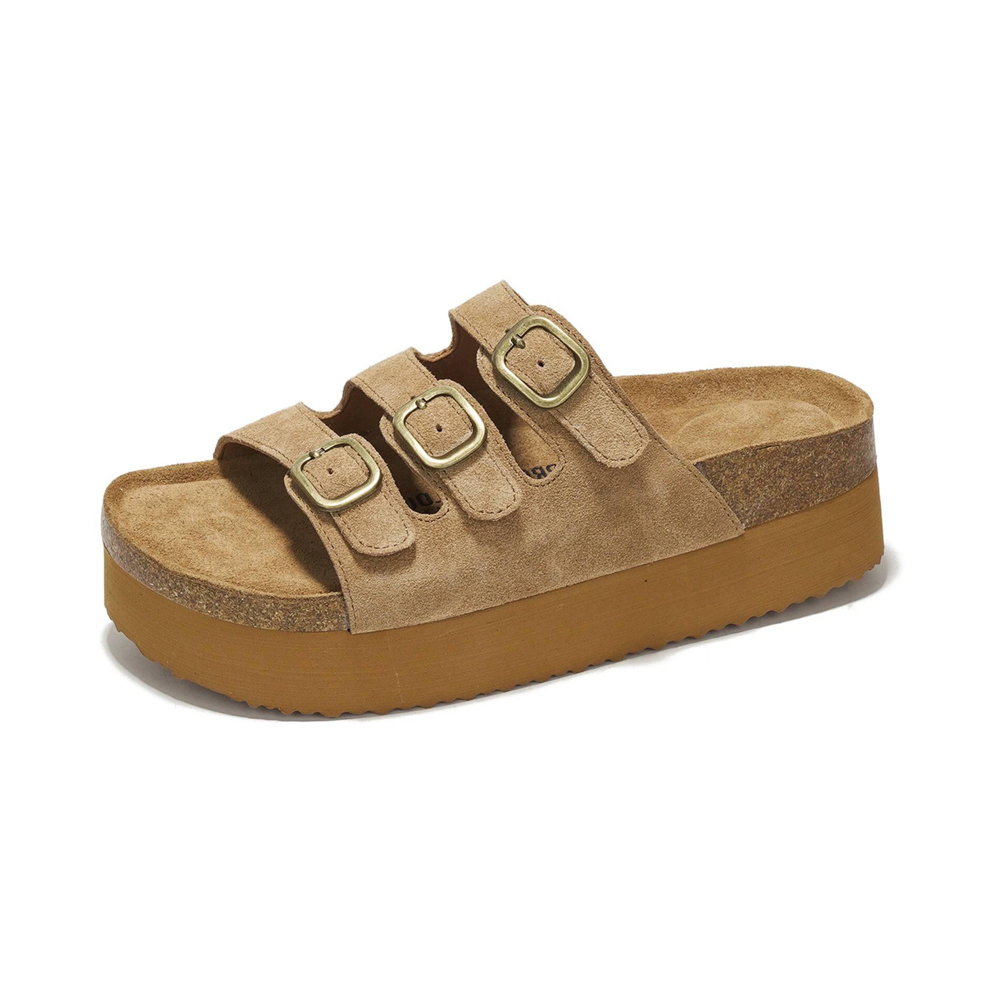 Project Cloud Dyan Platform Sandals: Tan suede platform sandals with adjustable buckle straps.