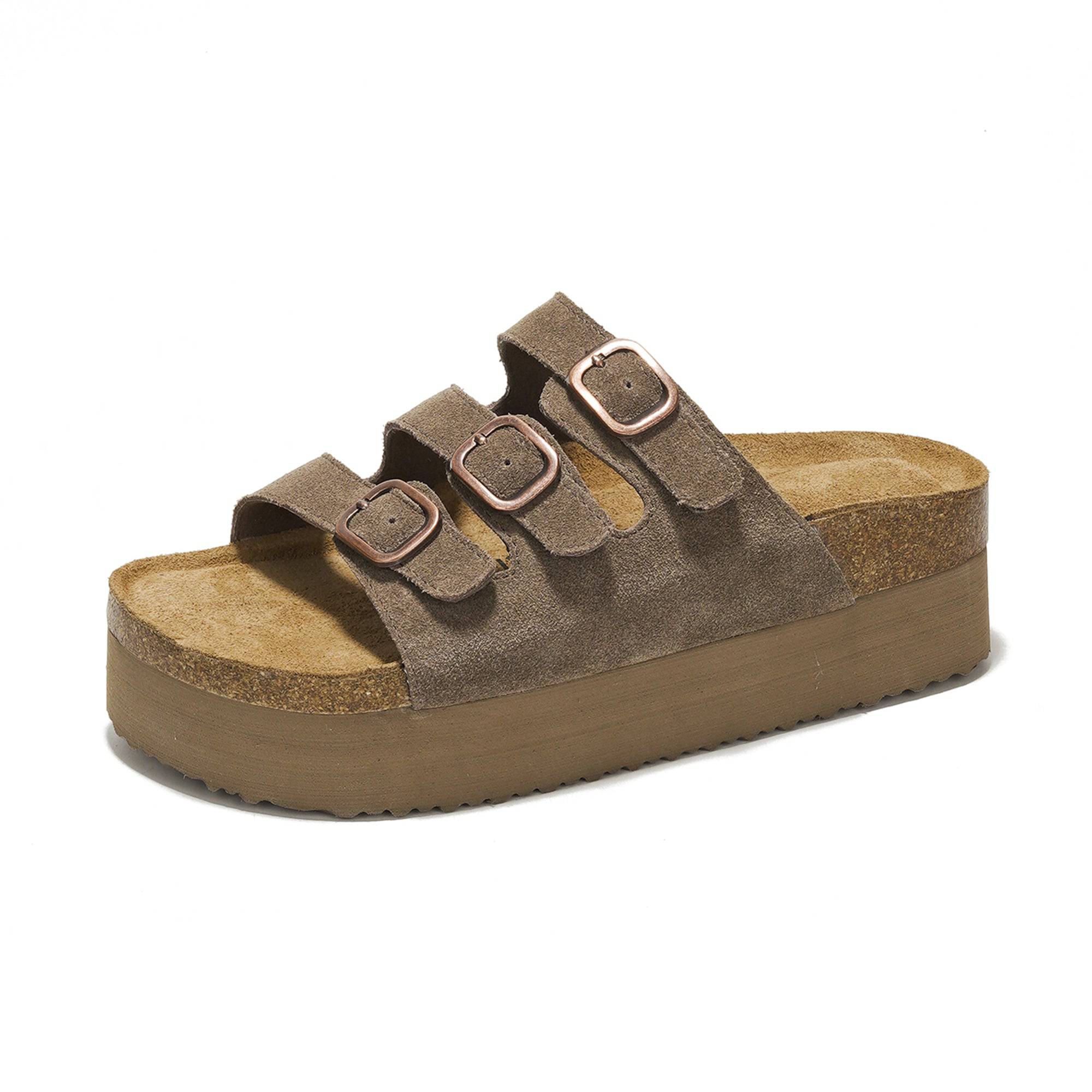 Project Cloud Dyan platform sandals in taupe suede with three adjustable buckle straps