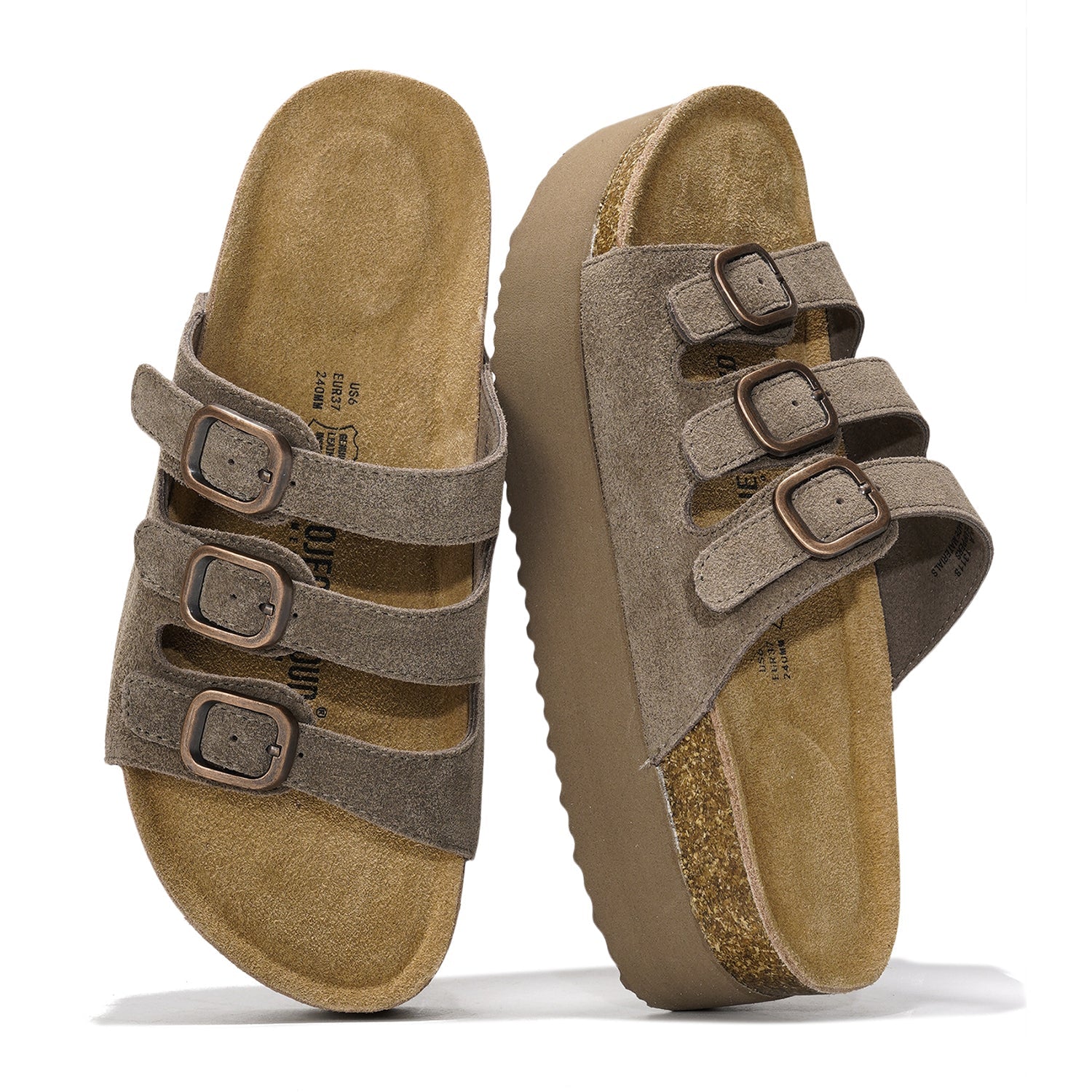Project Cloud Dyan Suede Sandals: Taupe platform sandals with buckle straps.