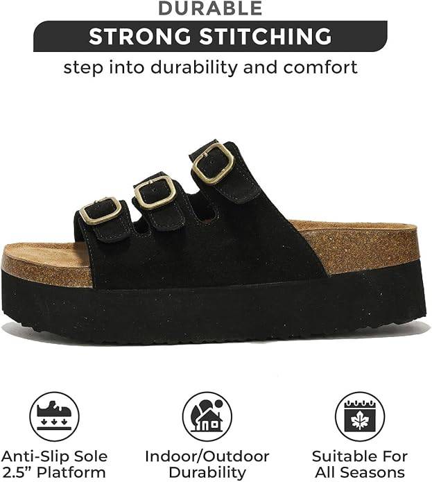 Black platform sandals with adjustable buckles, suede upper, and non-slip sole.