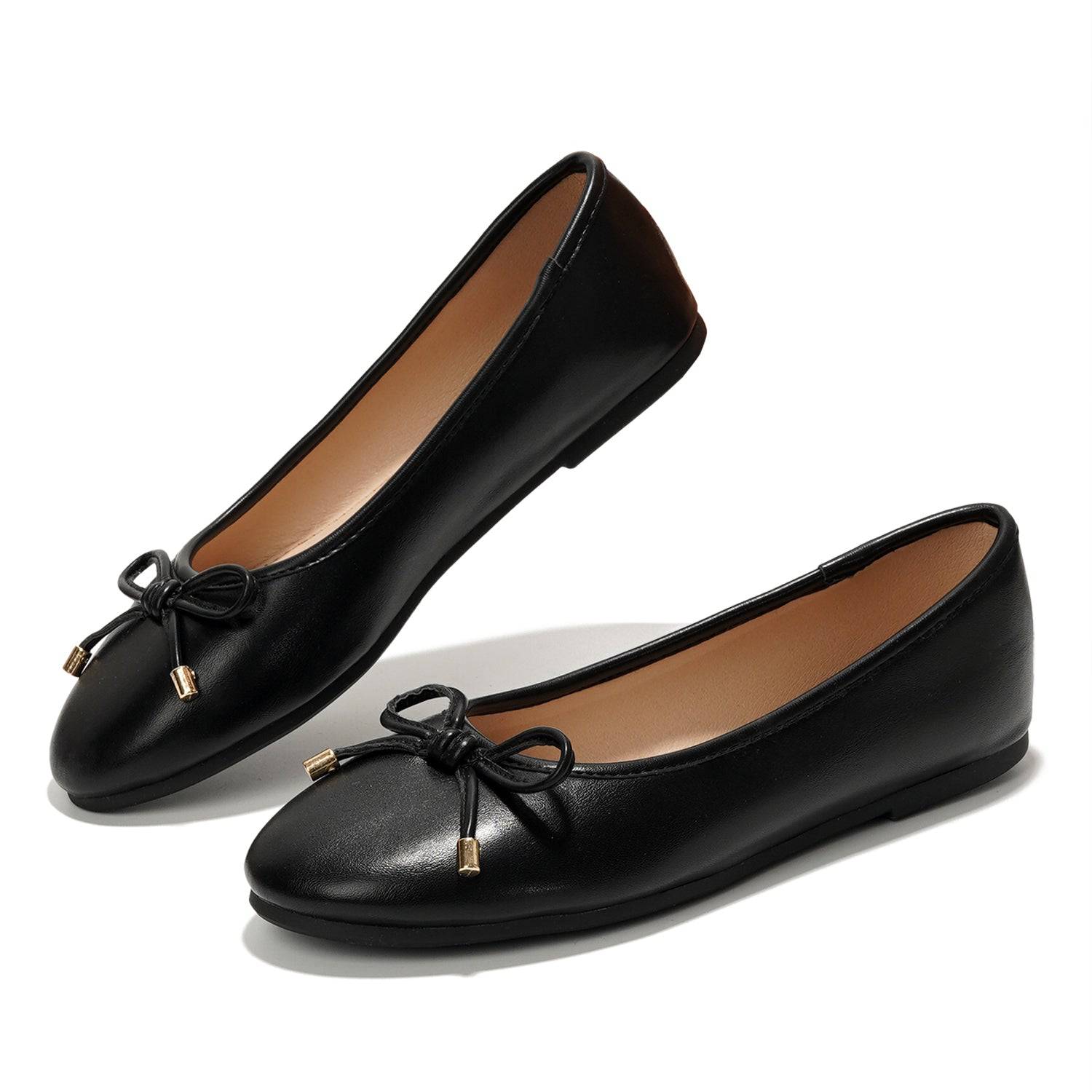 Project Cloud black vegan leather ballet flats with bow & gold accents, ProjectPlush insole.